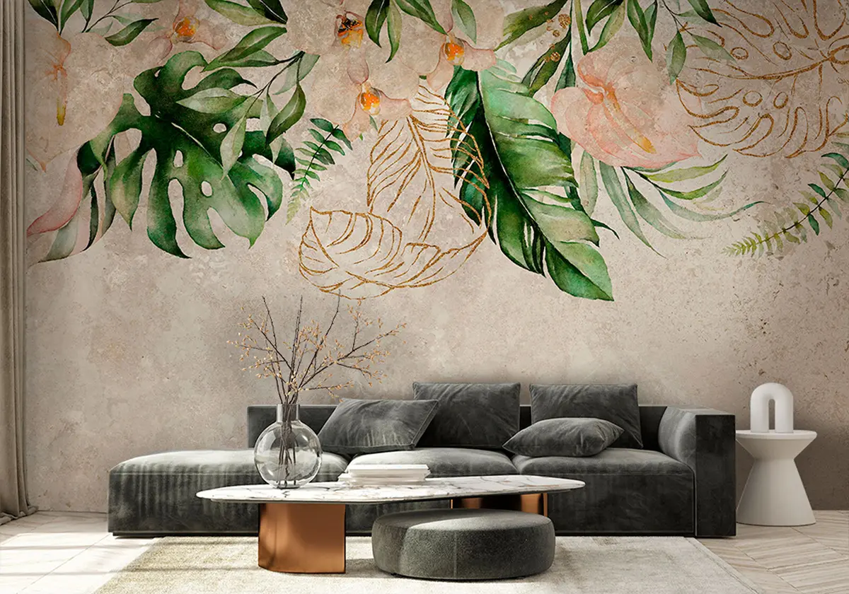 murales de pared Hojas tropicales verdes y flores rojizas sobre un fondo blanco. u94409