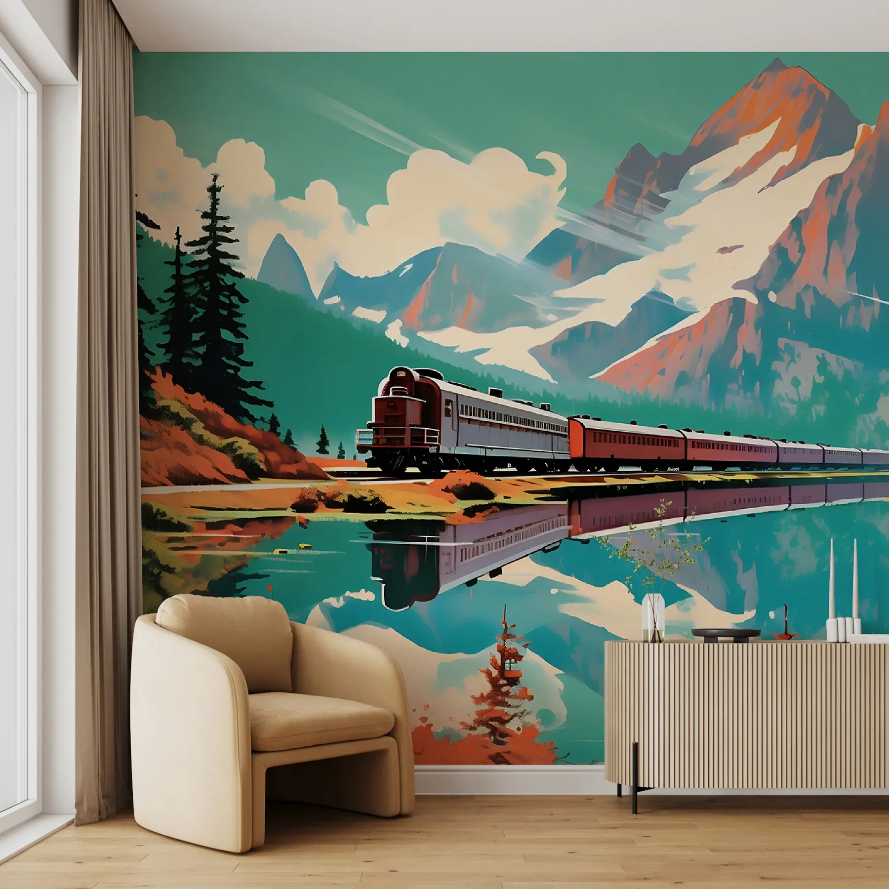 murales de pared Tren y paisaje de montaña u94759