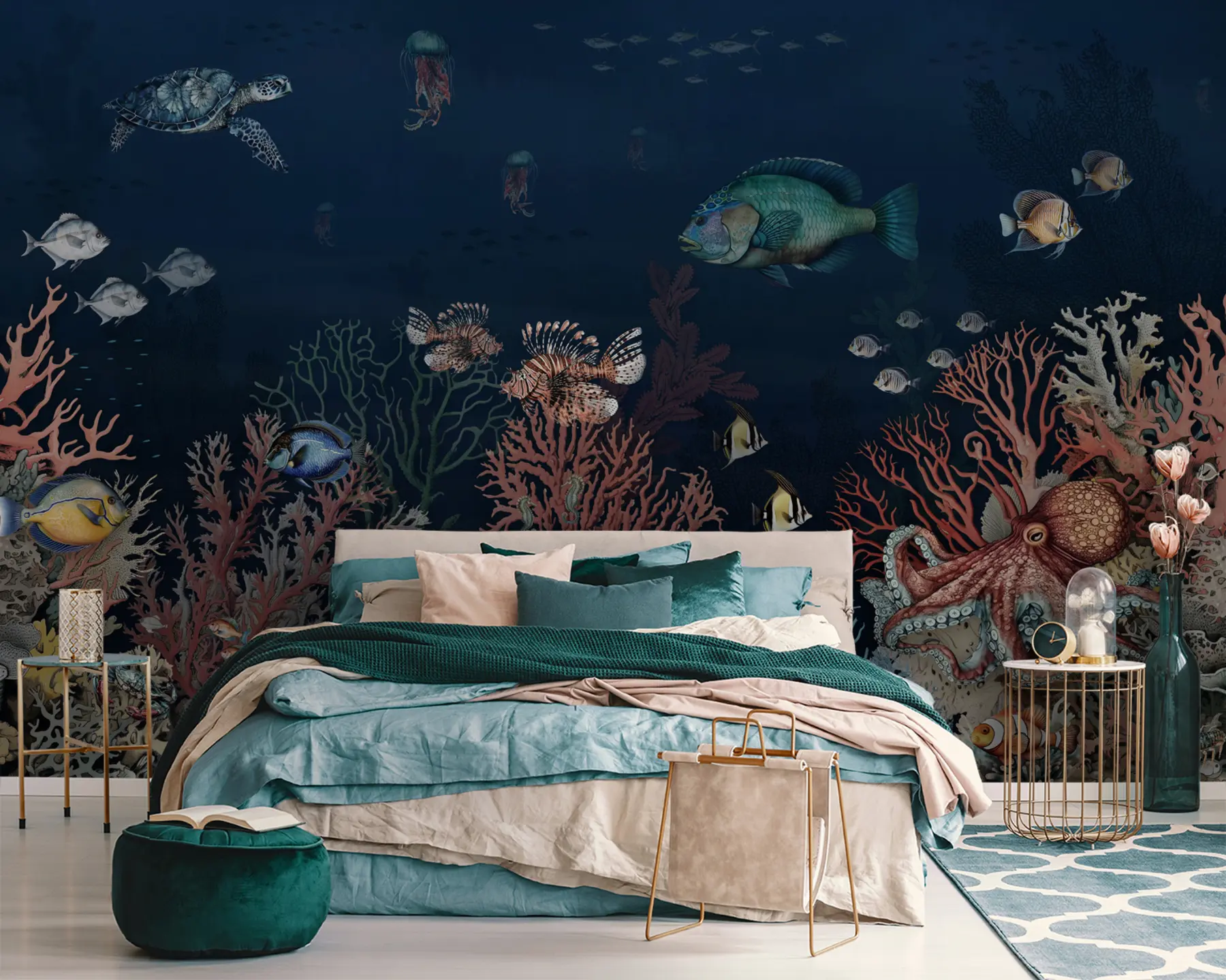 murales de pared Arrecifes de coral y peces en las profundidades de la bahía u94467