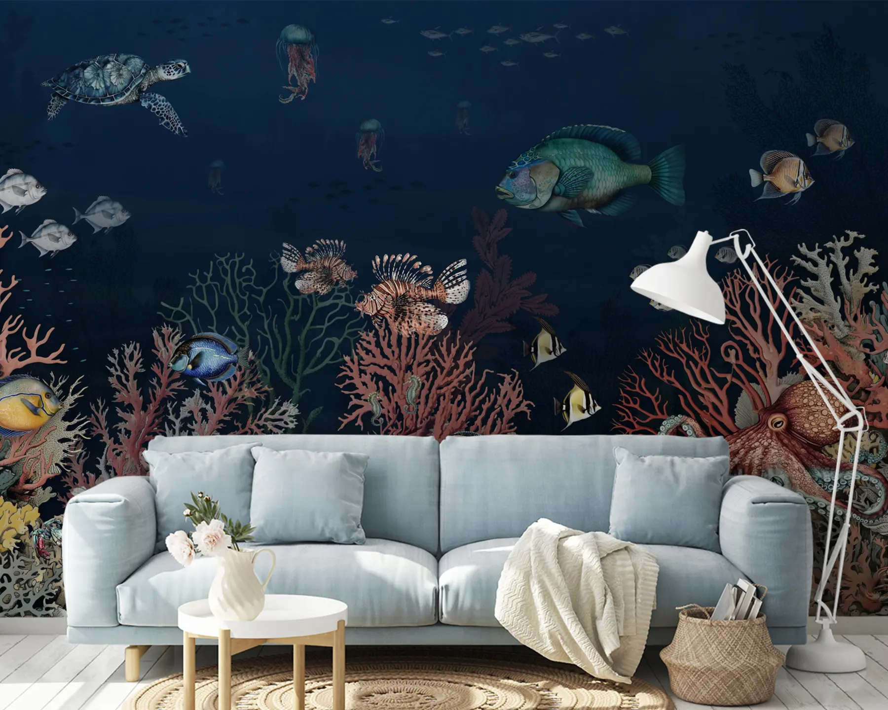 murales de pared Arrecifes de coral y peces en las profundidades de la bahía u94467