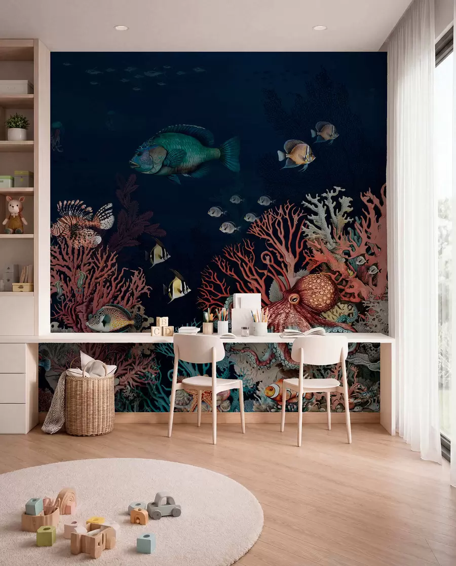 murales de pared Arrecifes de coral y peces en las profundidades de la bahía u94467