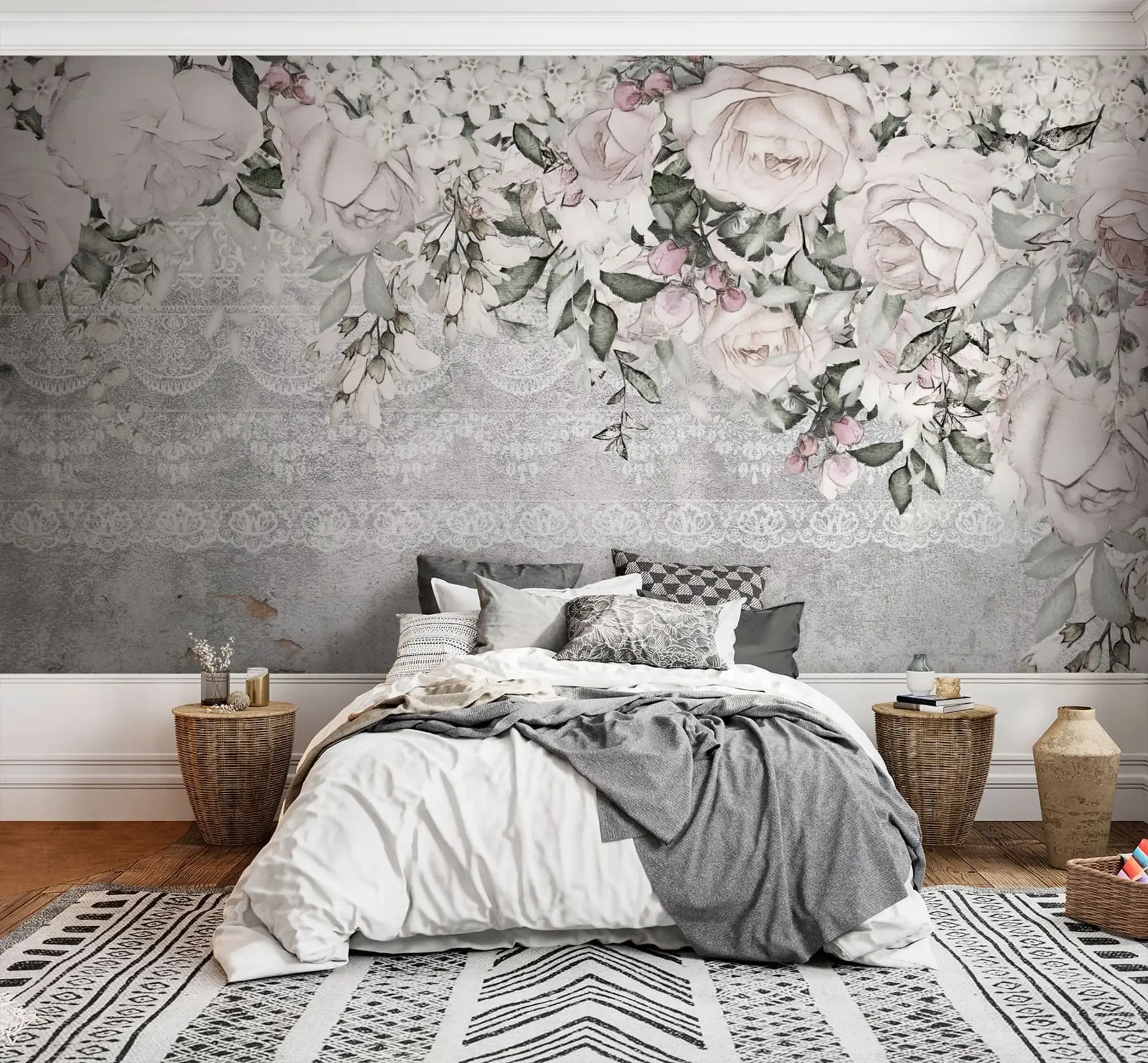 murales de pared Flores blancas vintage y fondo de hormigón. u94652