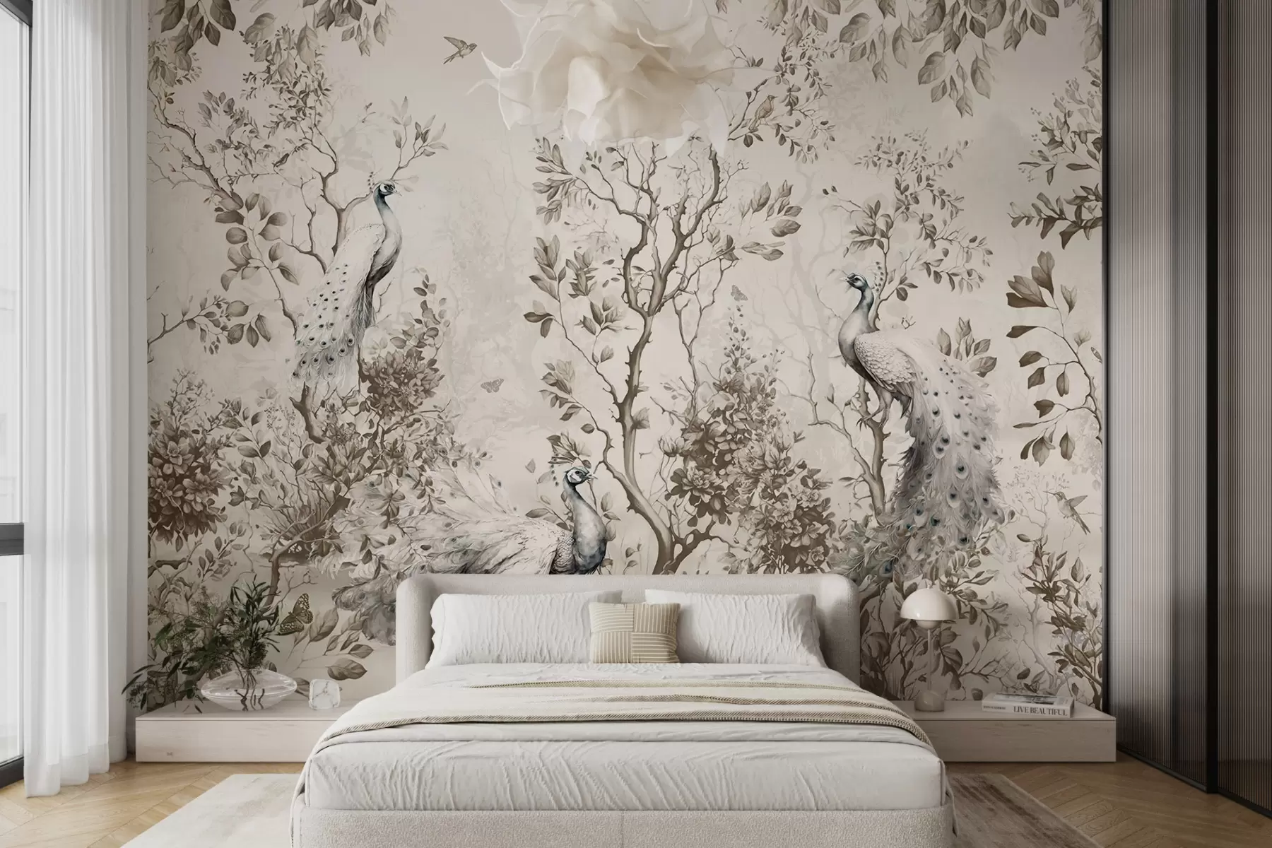 murales de pared Un jardín con pájaros frágiles, pavos reales u94850