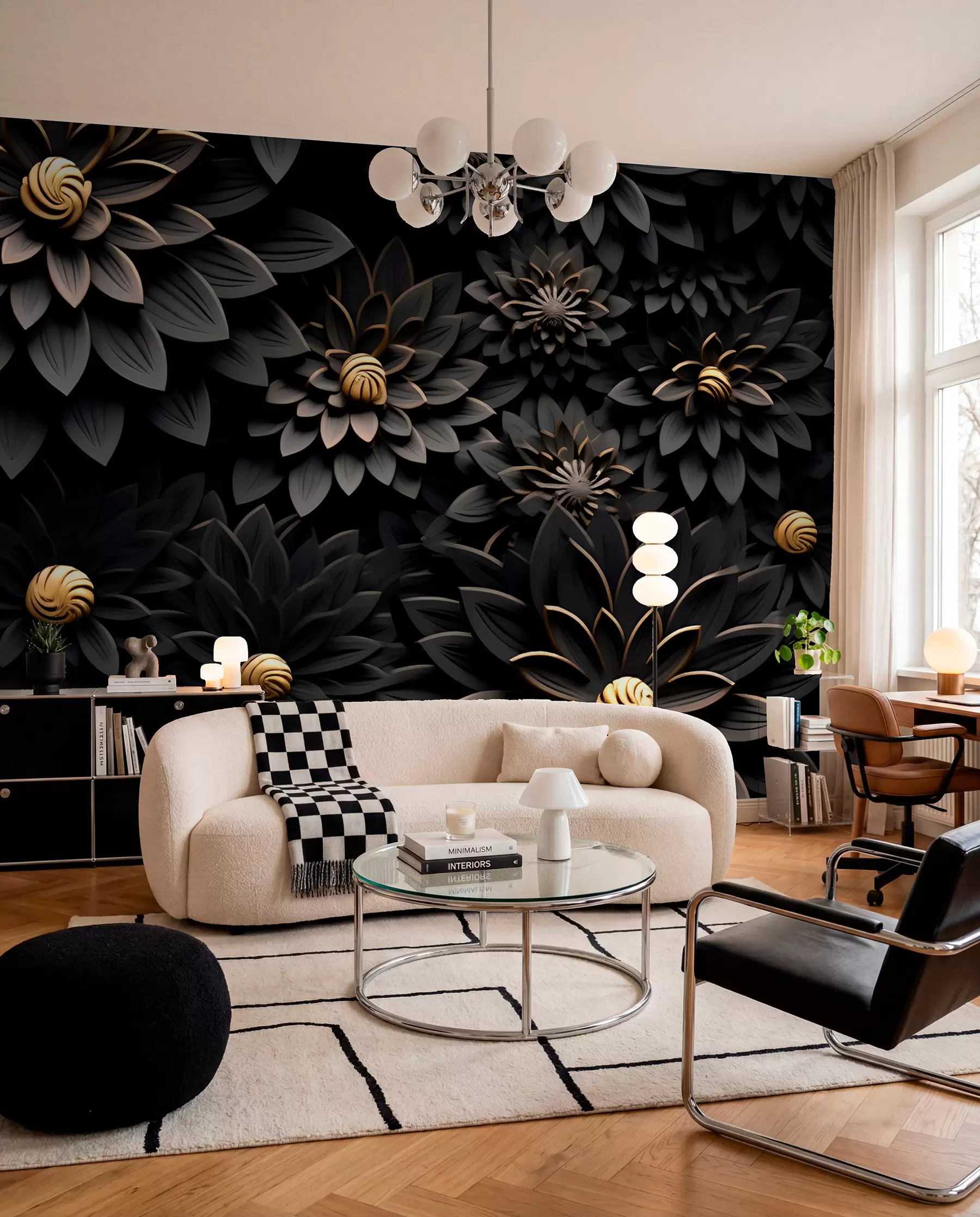 murales de pared Flores negras con efecto 3D u95249
