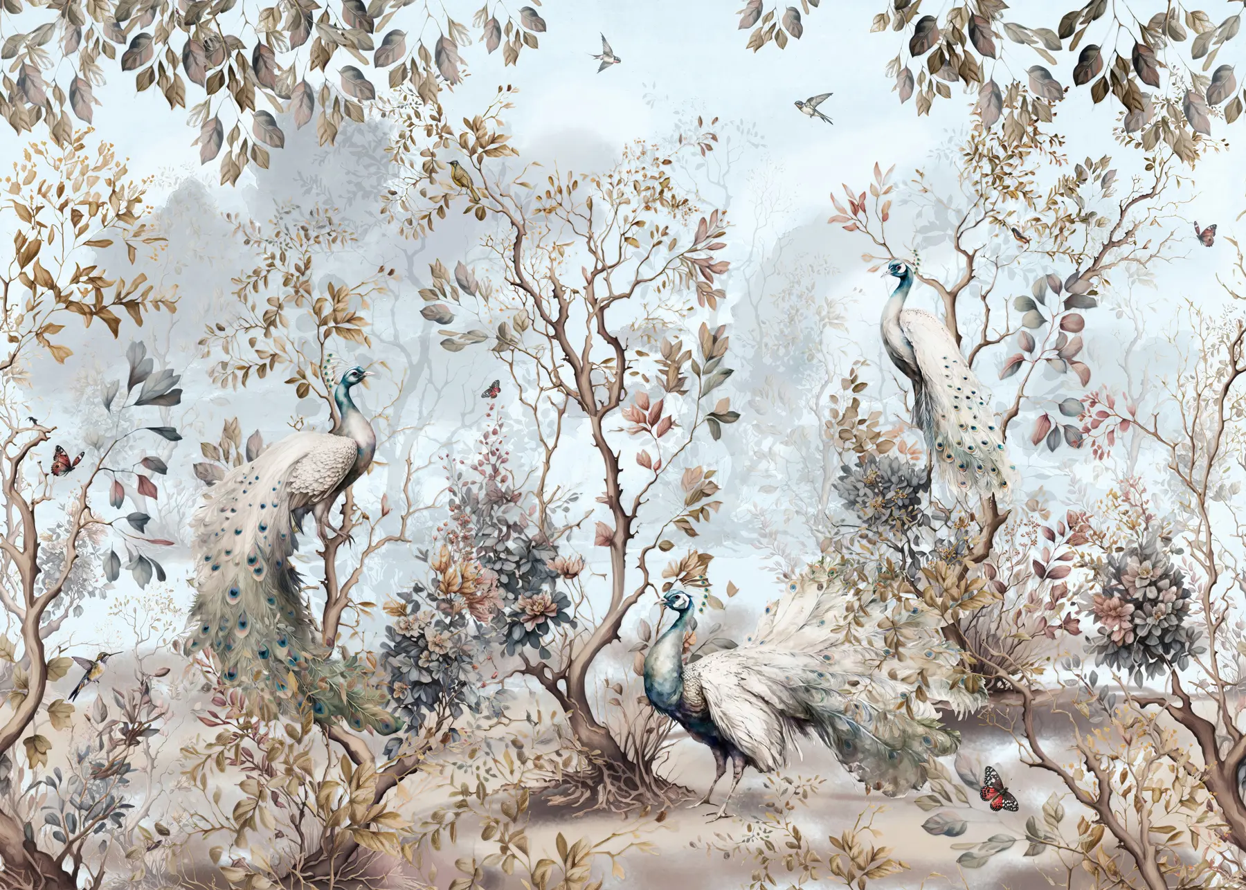 murales de pared Chinoiserie estilo chino plantas y pavos reales u94849