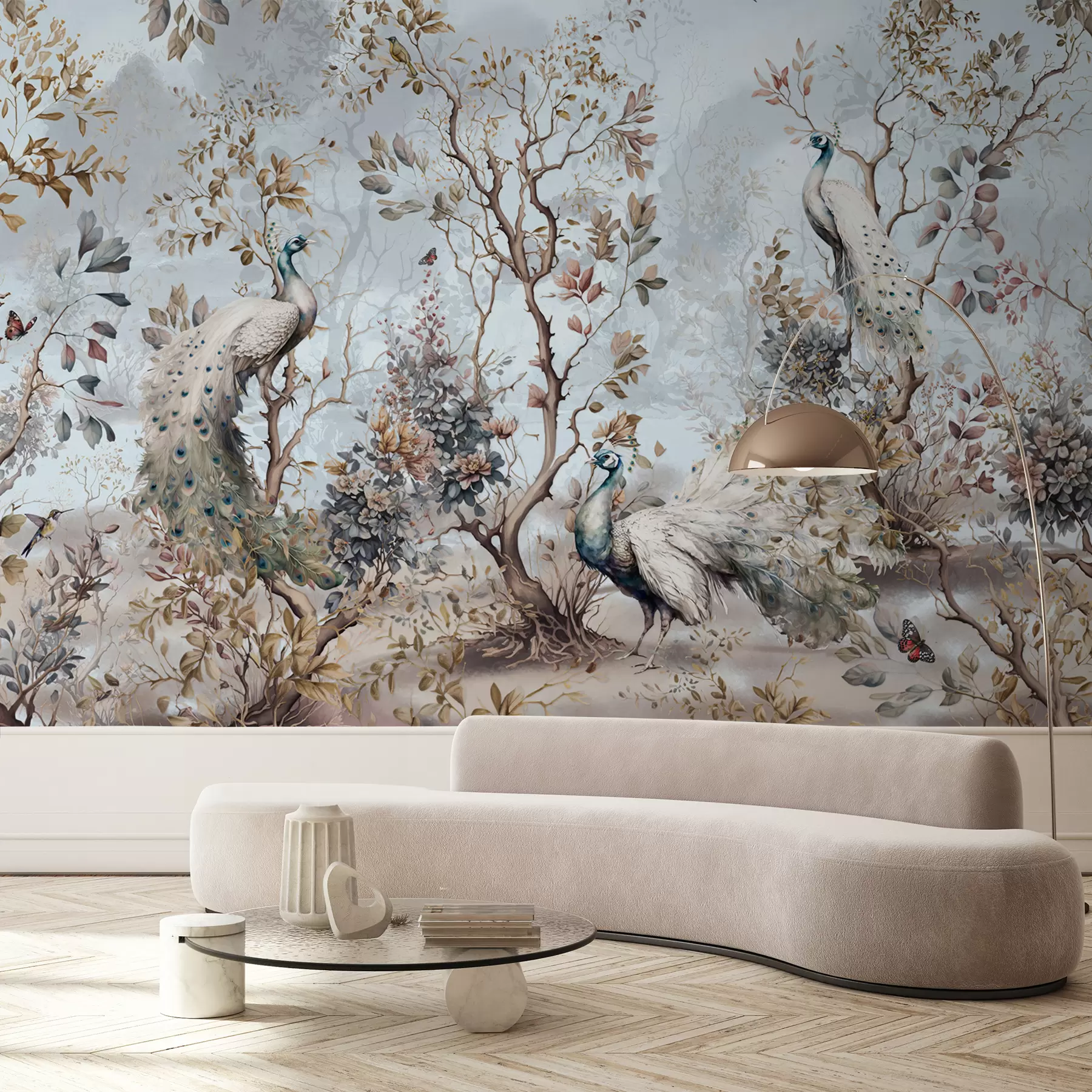 murales de pared Chinoiserie estilo chino plantas y pavos reales u94849