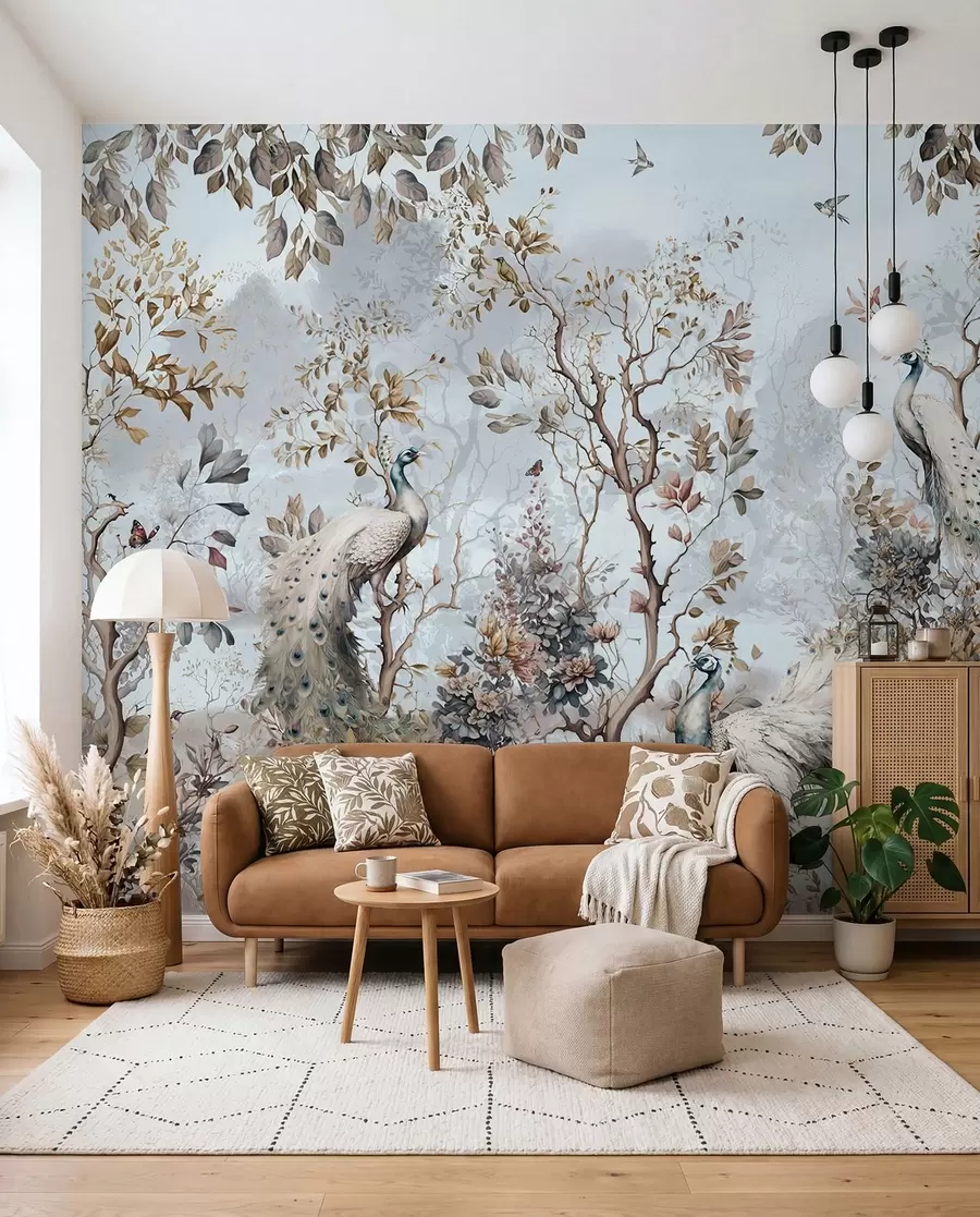 murales de pared Pavos reales entre flores u94849
