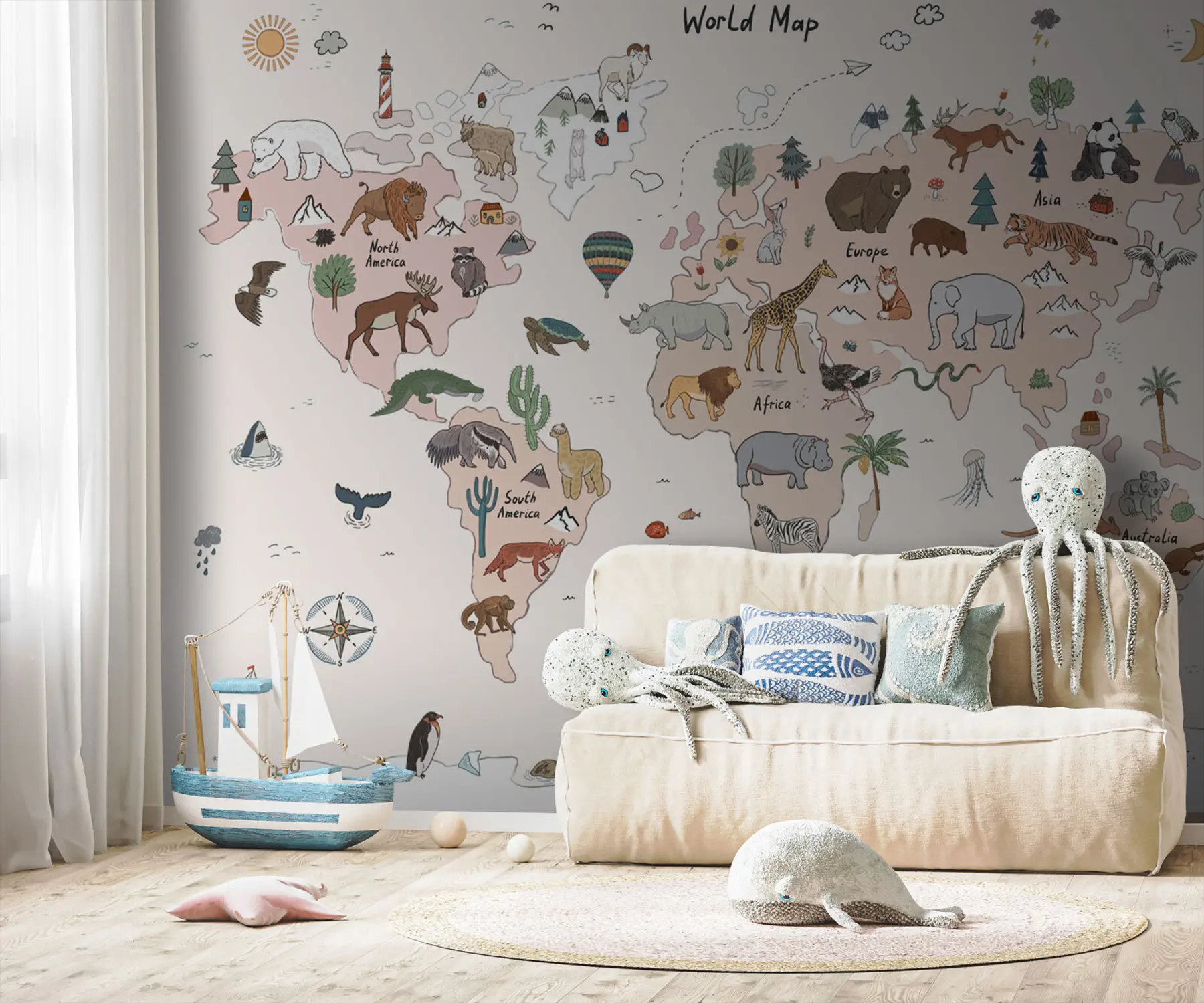 murales de pared Mapa infantil del mundo con animales u95028