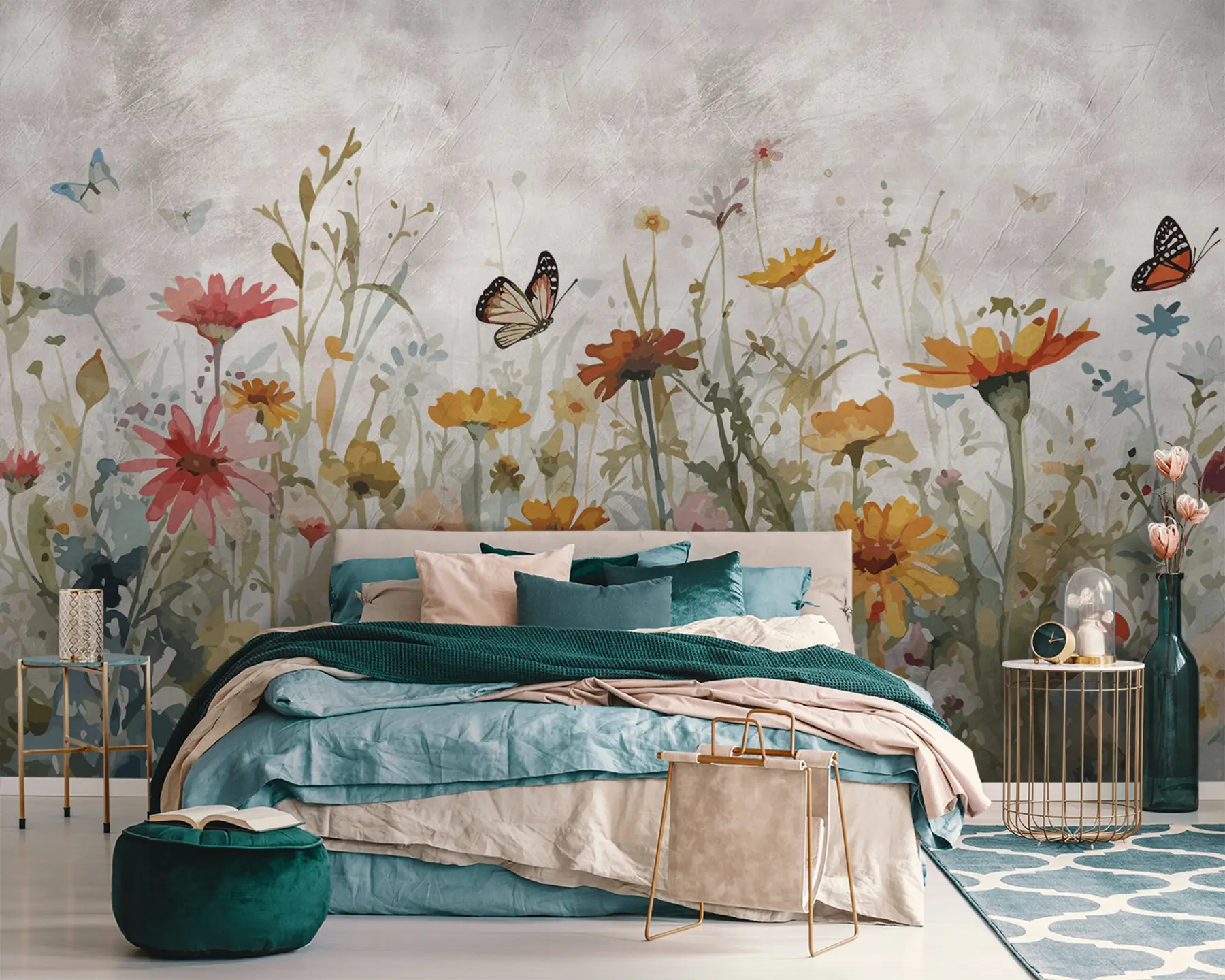 murales de pared Acuarela flores silvestres y mariposas u95406