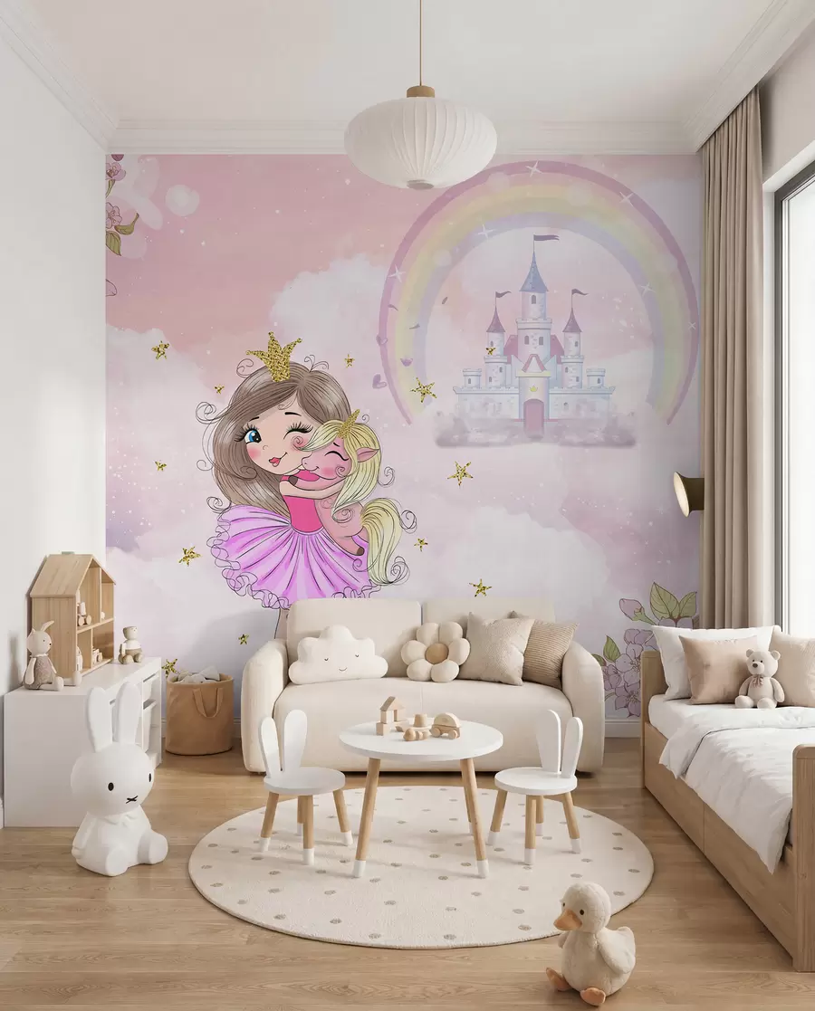 murales de pared Princesa y unicornio en el fondo del castillo con un arco iris u95401