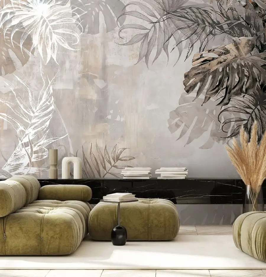 murales de pared Diseño de hojas tropicales con textura grunge u94647