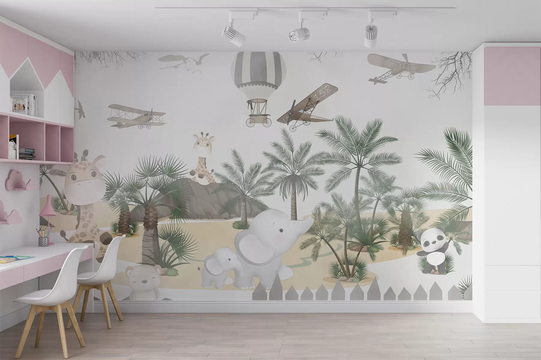 murales de pared Diseño con lindos animales, árboles tropicales y globos u95899