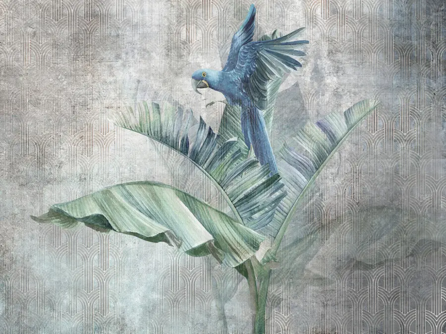 murales de pared Gran loro azul en árbol de plátano con textura de hormigón grunge u95432