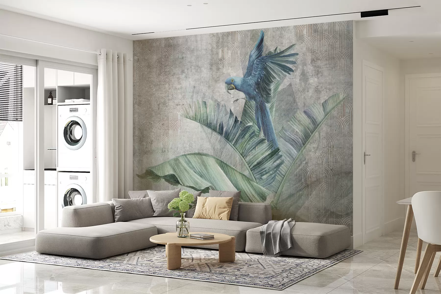murales de pared Gran loro azul en árbol de plátano con textura de hormigón grunge u95432