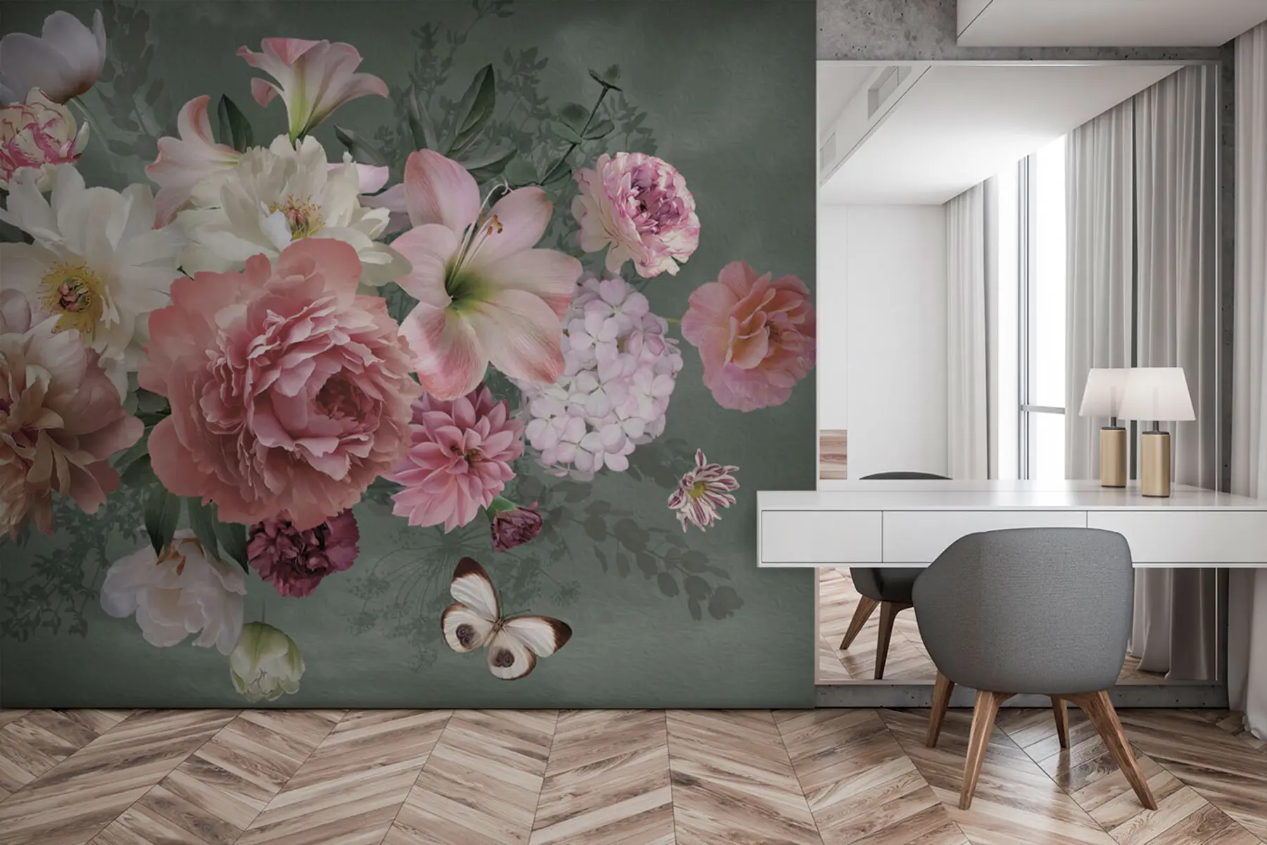 murales de pared Un floreciente jardín de flores con una mariposa. u95818
