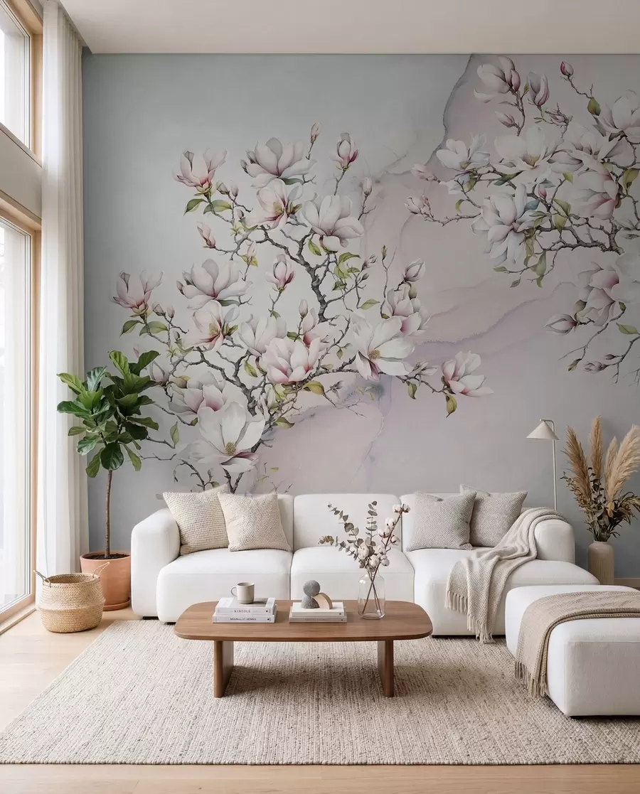 murales de pared Árboles de magnolia florecientes sobre un fondo de mármol u96114