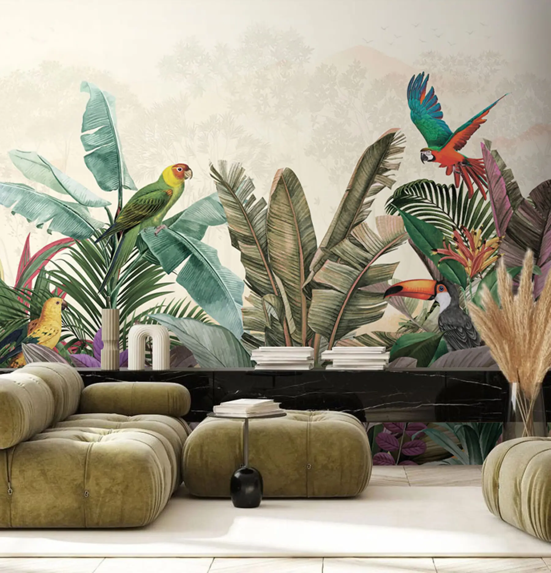 murales de pared Loro de pájaros tropicales vintage en hojas tropicales u96144