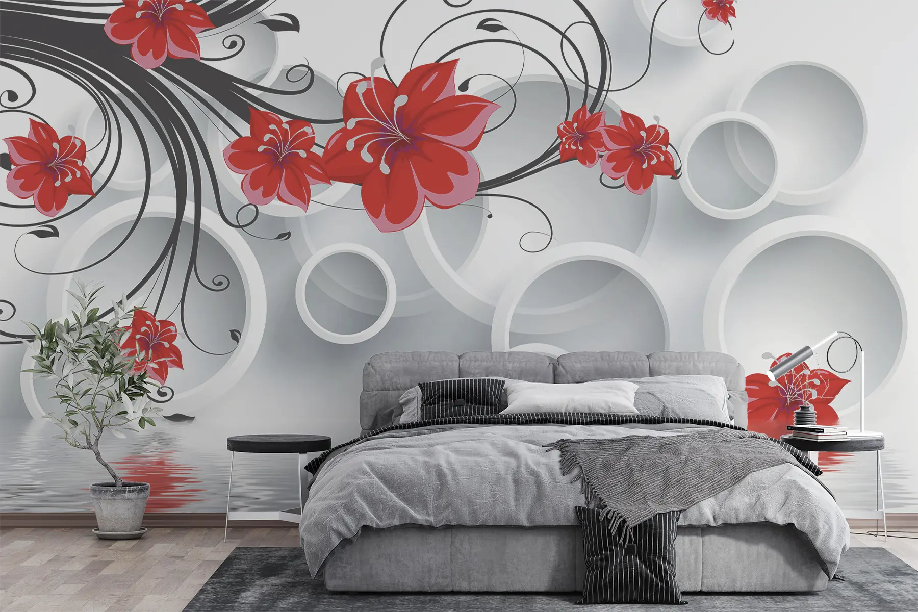 murales de pared Flores rojas sobre el agua u08994
