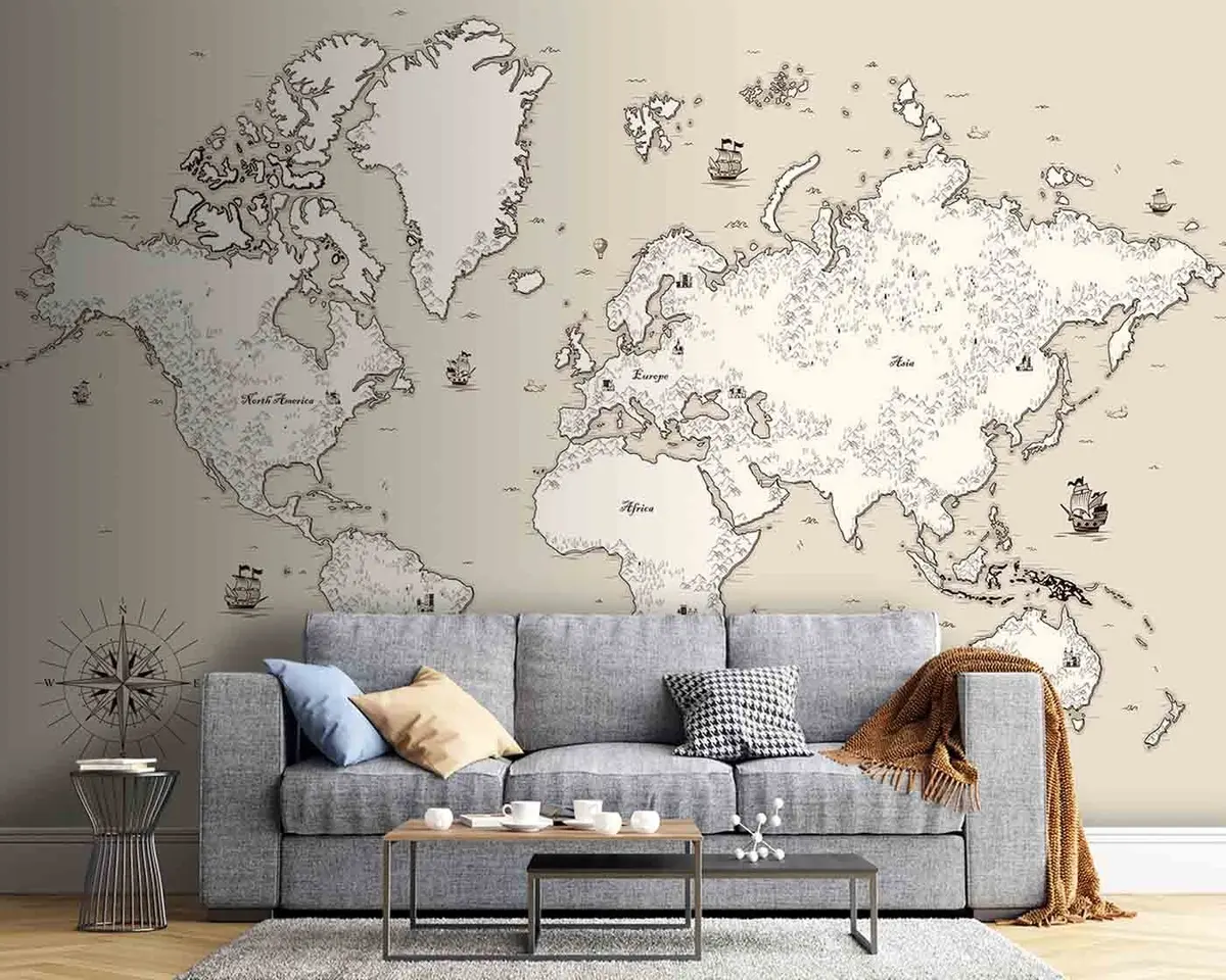 murales de pared Mapa del Viejo Mundo con elementos decorativos u96481