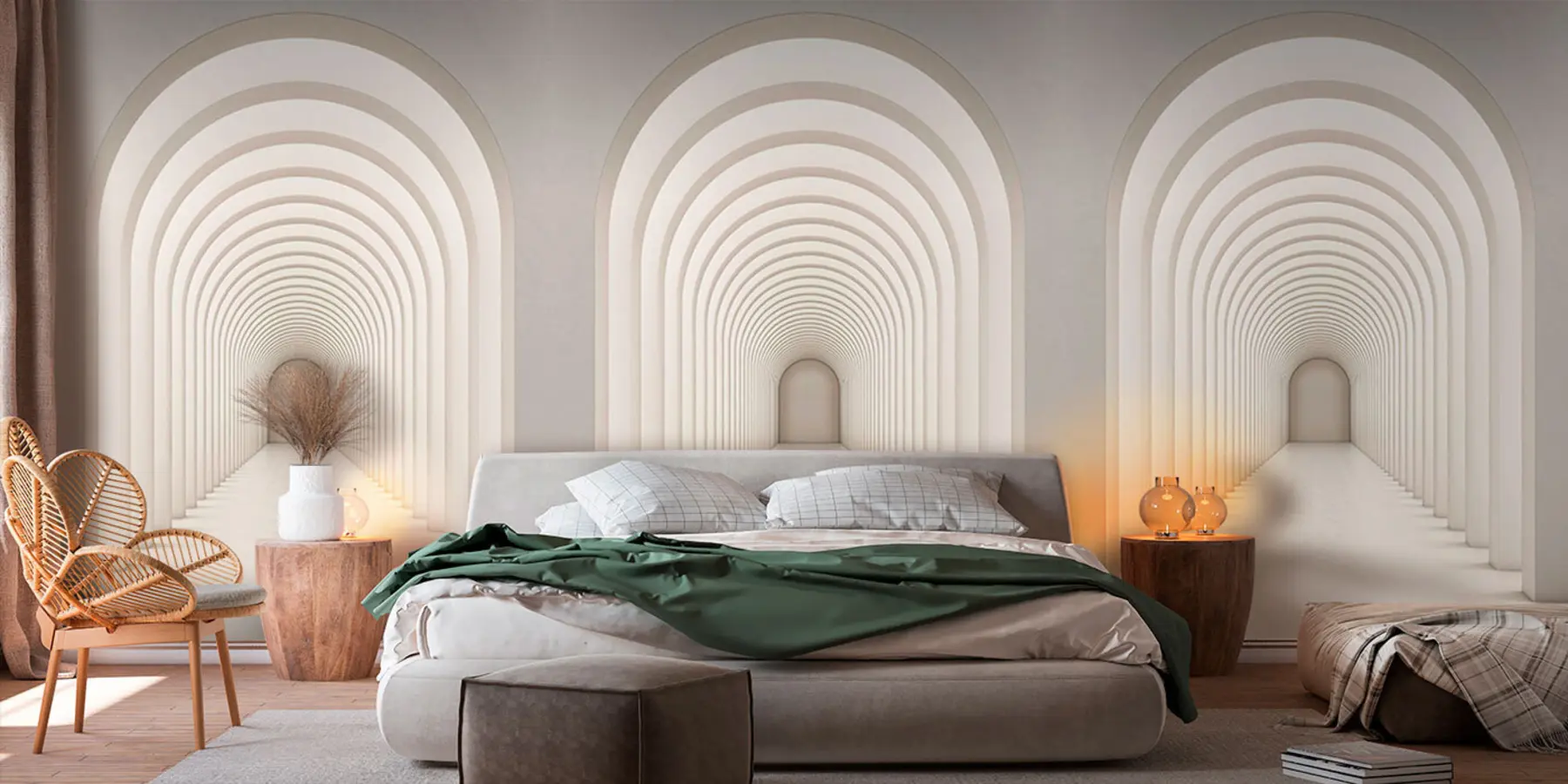 murales de pared Arco de hormigón blanco alineado en una larga fila con luz u96604