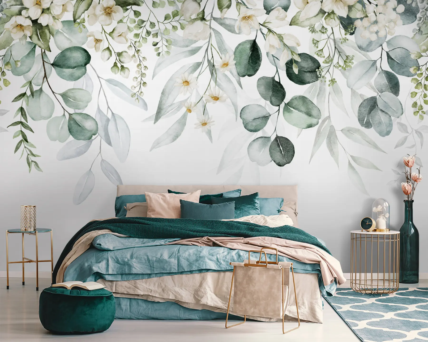murales de pared Acuarela hojas verdes con flores. u96336