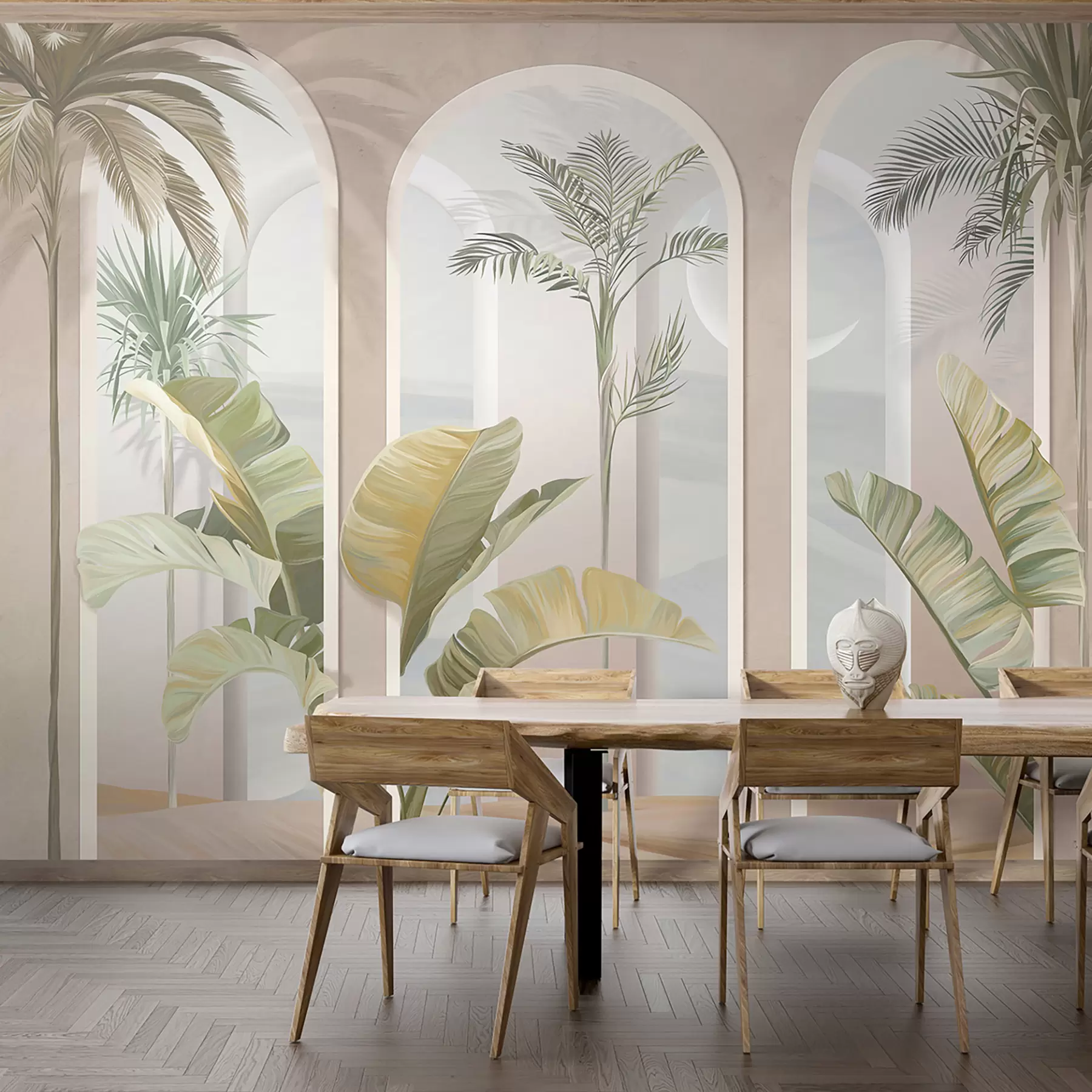 murales de pared Hojas tropicales 3D con palmeras y columnas. u96402