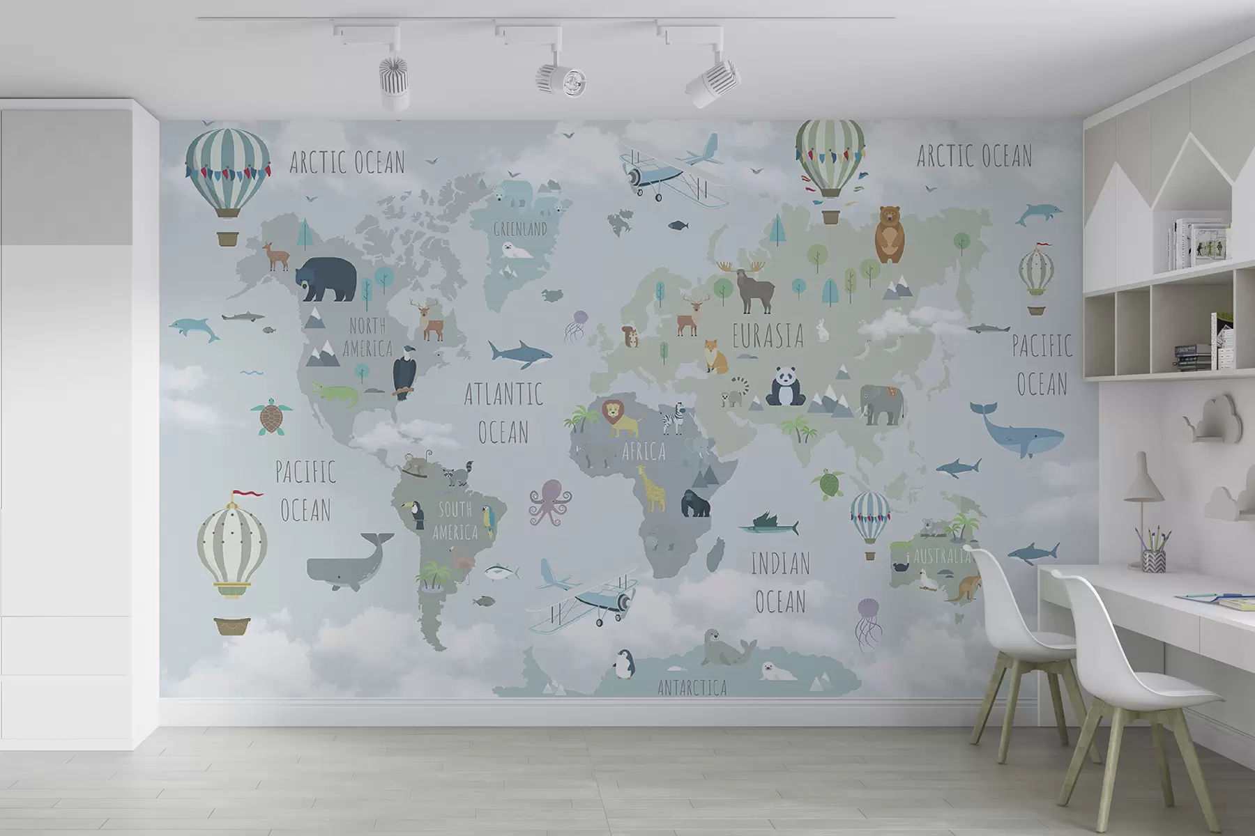murales de pared Mapa mundial con animales y globos u96447