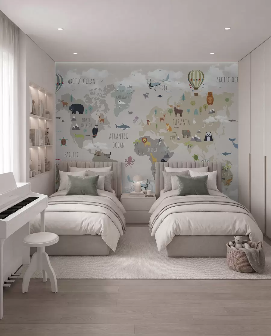 murales de pared Mapa mundial con animales y globos u96461