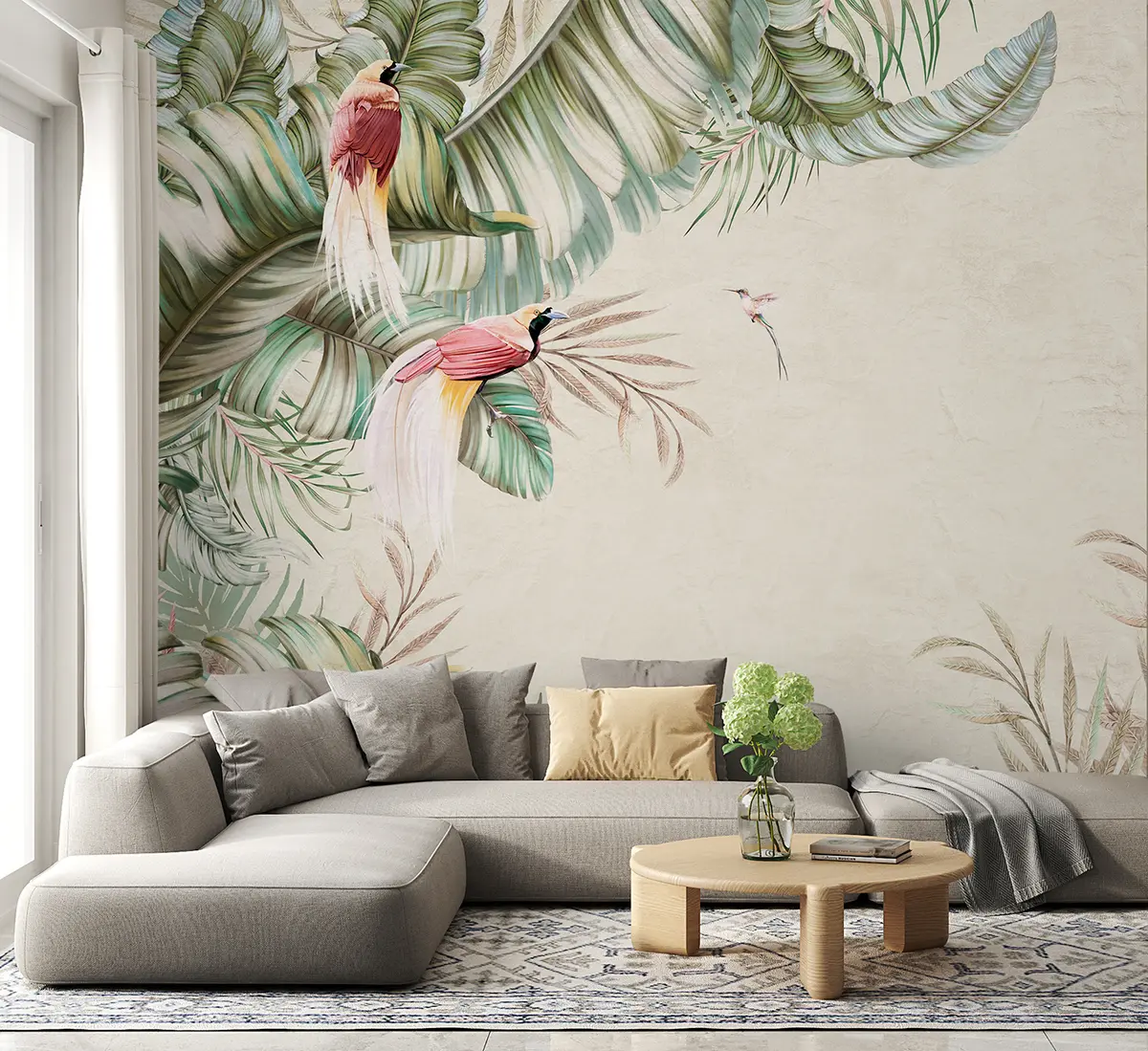 murales de pared Plantas tropicales y pájaros sobre fondo texturizado u96550