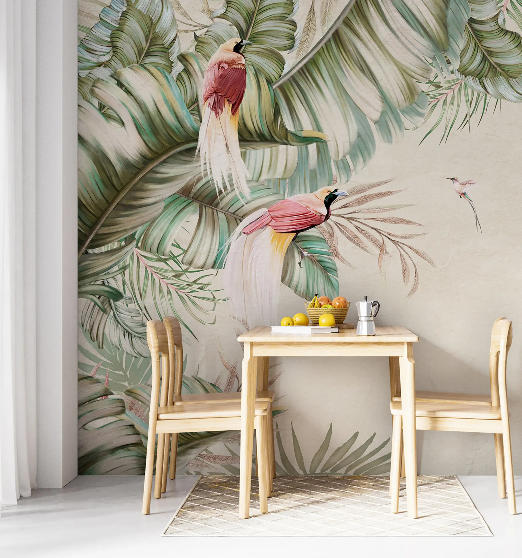 murales de pared Plantas tropicales y pájaros sobre fondo texturizado u96550