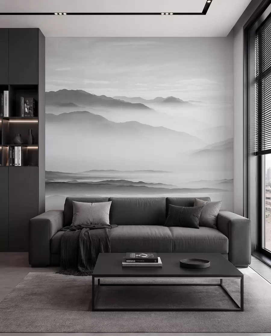 murales de pared Vista de las montañas grises en el monocromo de minimalismo de niebla u96922