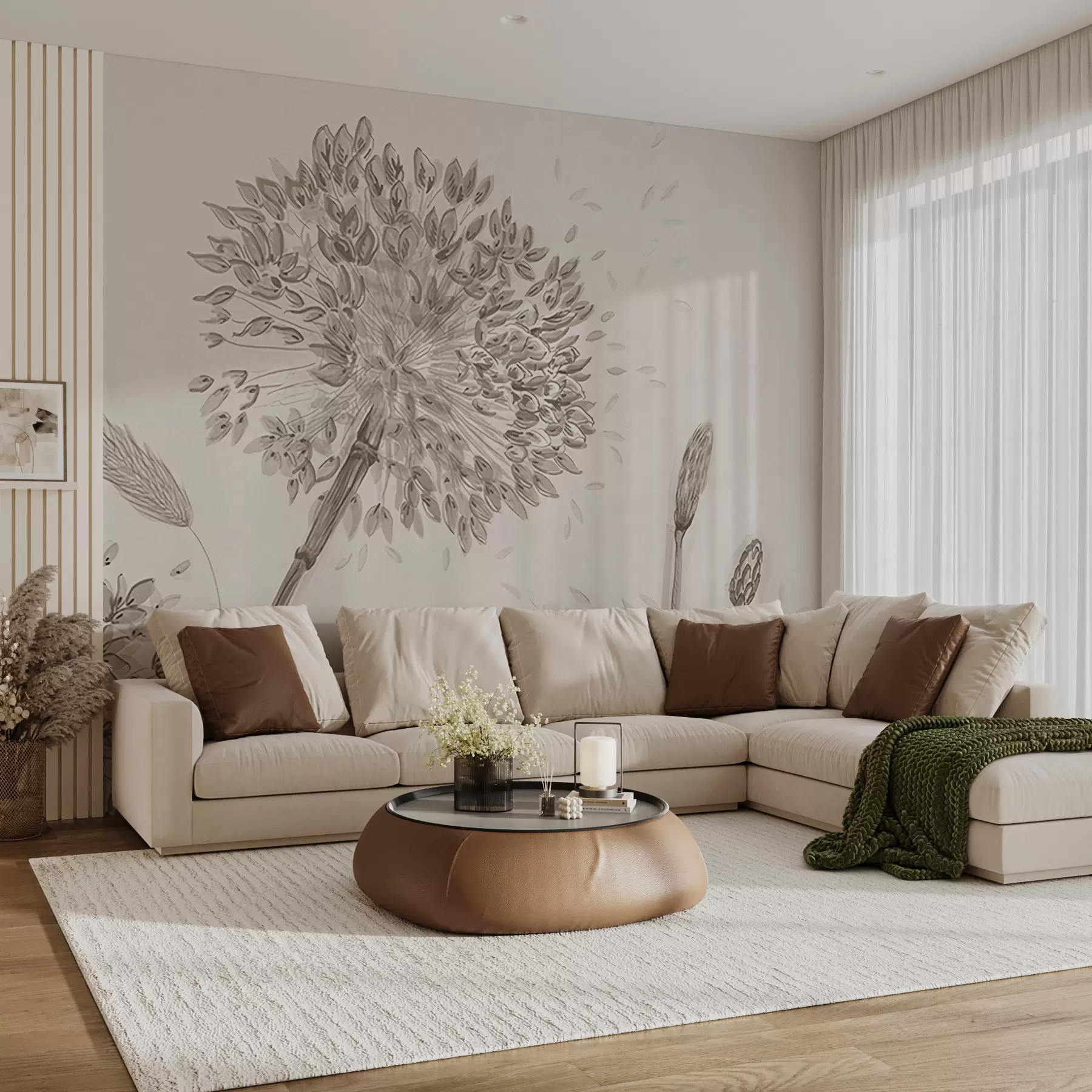 murales de pared Gran prado de flores de diente de león estilo monocromo loft minimalismo u96934