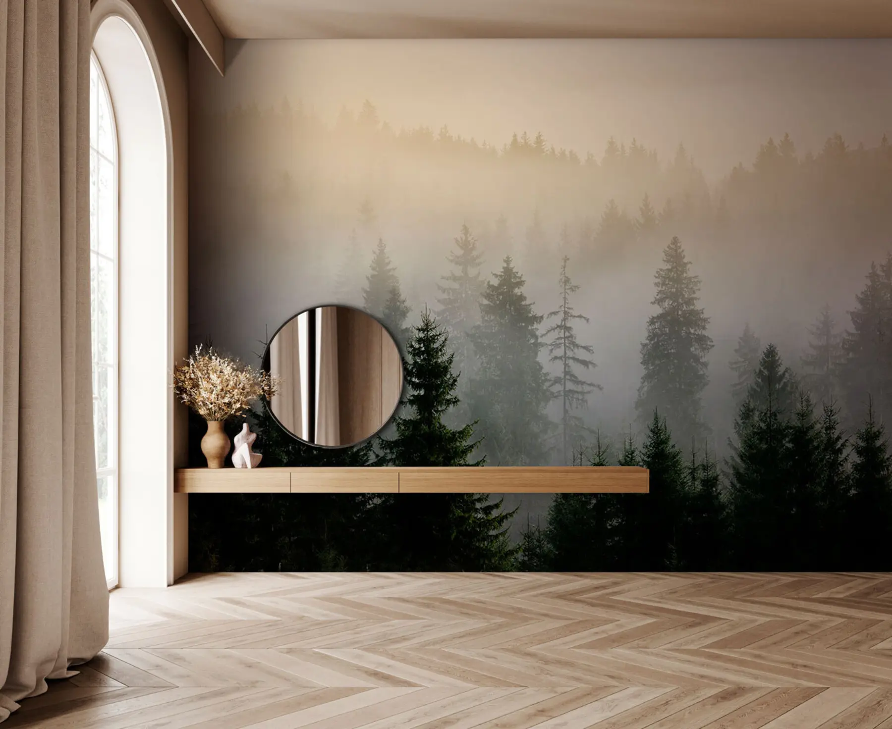 murales de pared Silueta de un abeto oscuro rodeado de niebla u96999