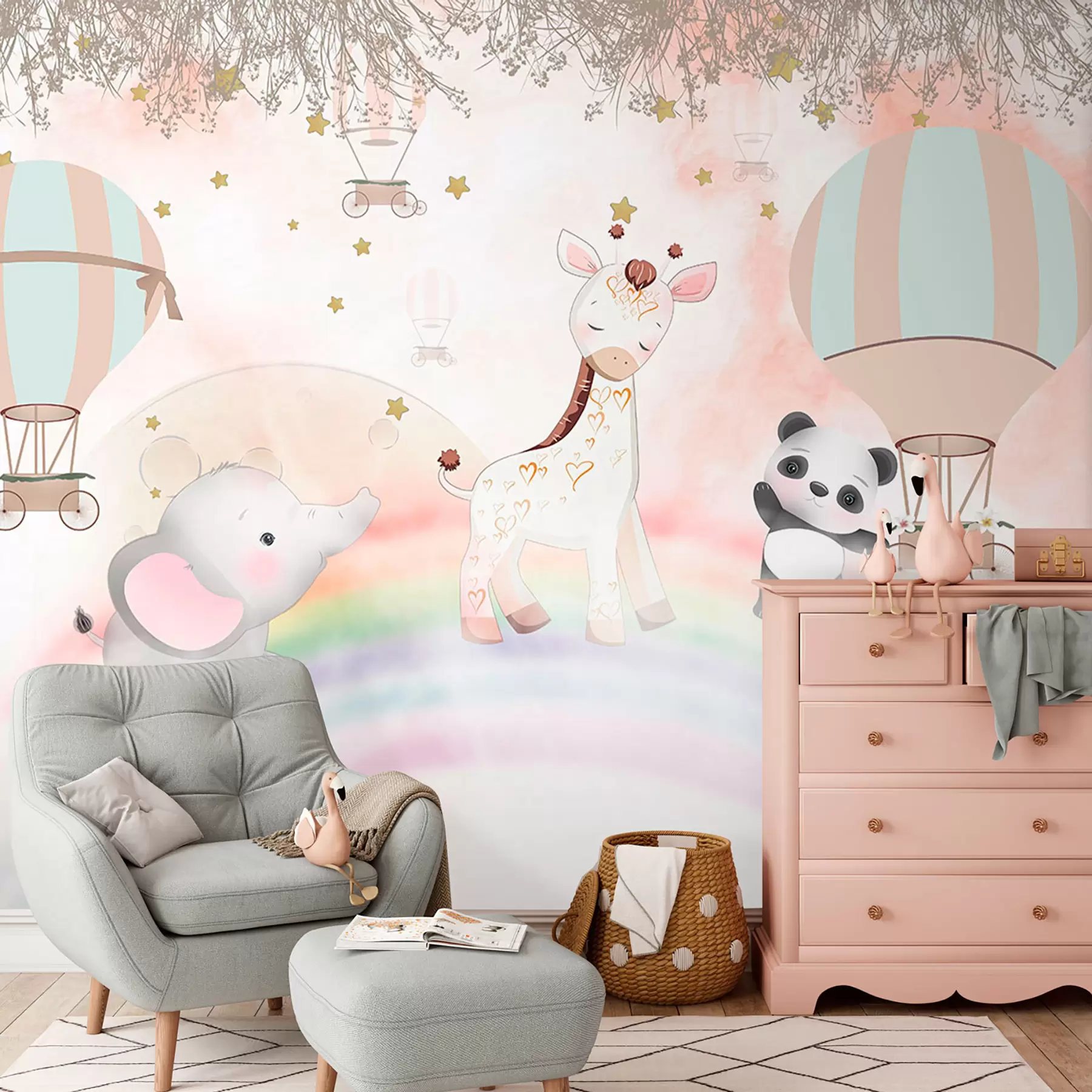 murales de pared Diseño de papel pintado con simpáticos animales para habitación infantil. u97008