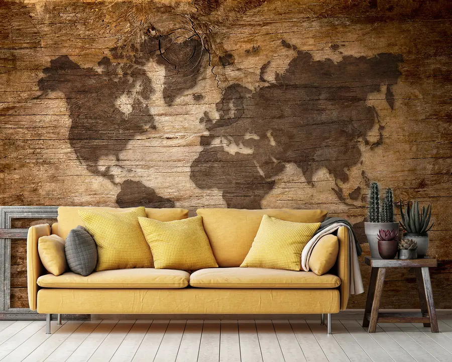 murales de pared Mapa mundial sobre fondo de madera u96820