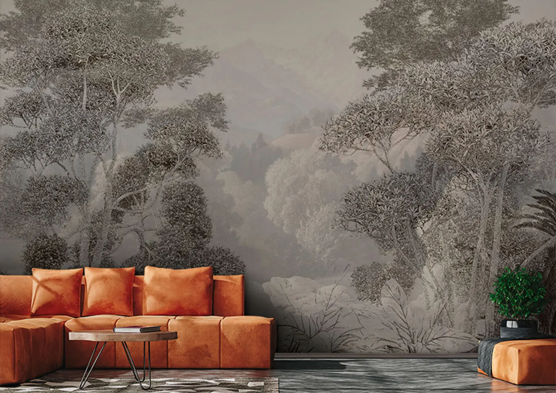 murales de pared Bosque tropical en tonos grises u97396