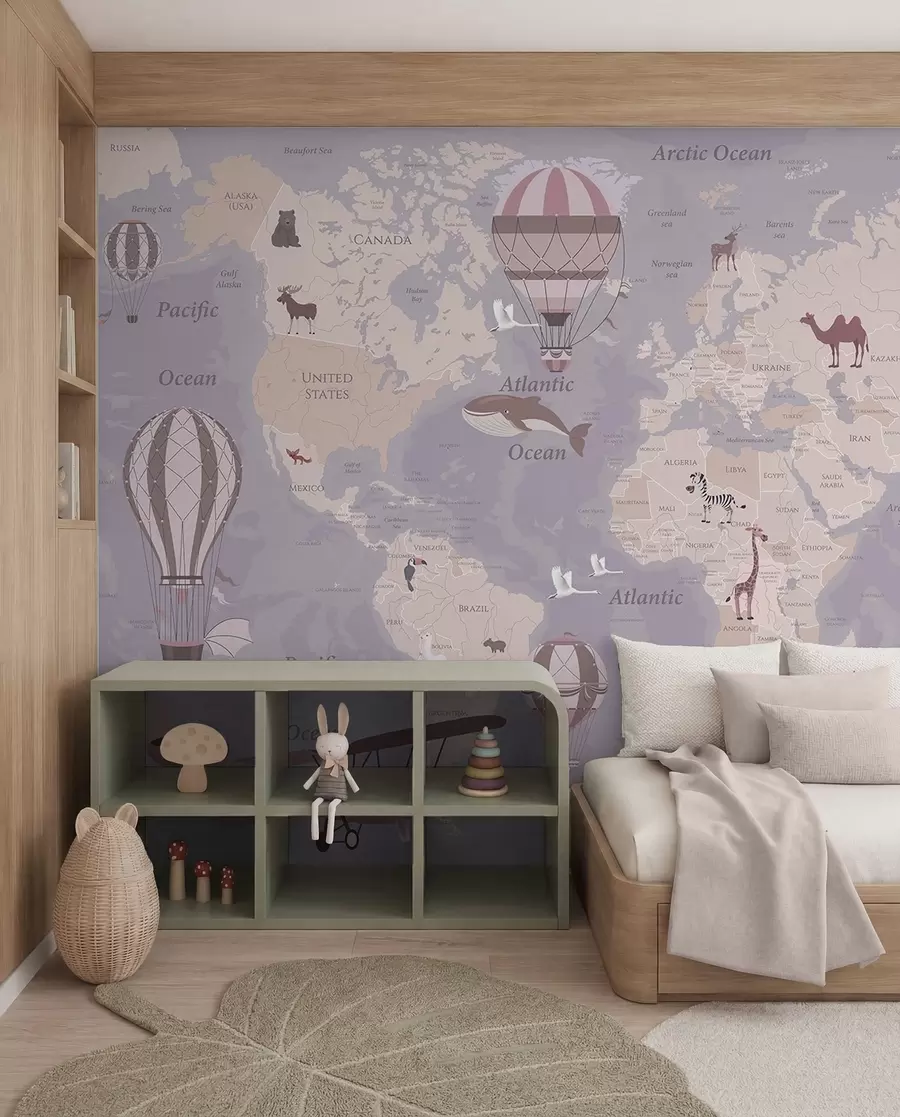 murales de pared Mapamundi infantil con animales en azul u36066v3