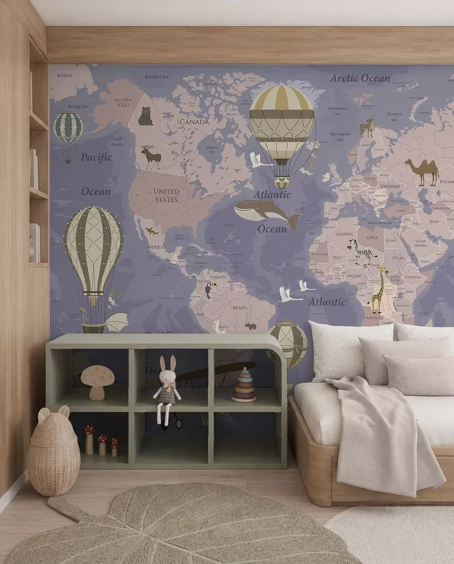 murales de pared Mapamundi infantil con animales con un tinte verde u36066v4