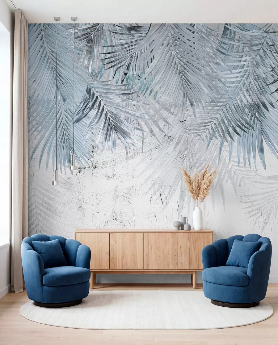 murales de pared Hojas tropicales azules en estilo grunge u93843v3
