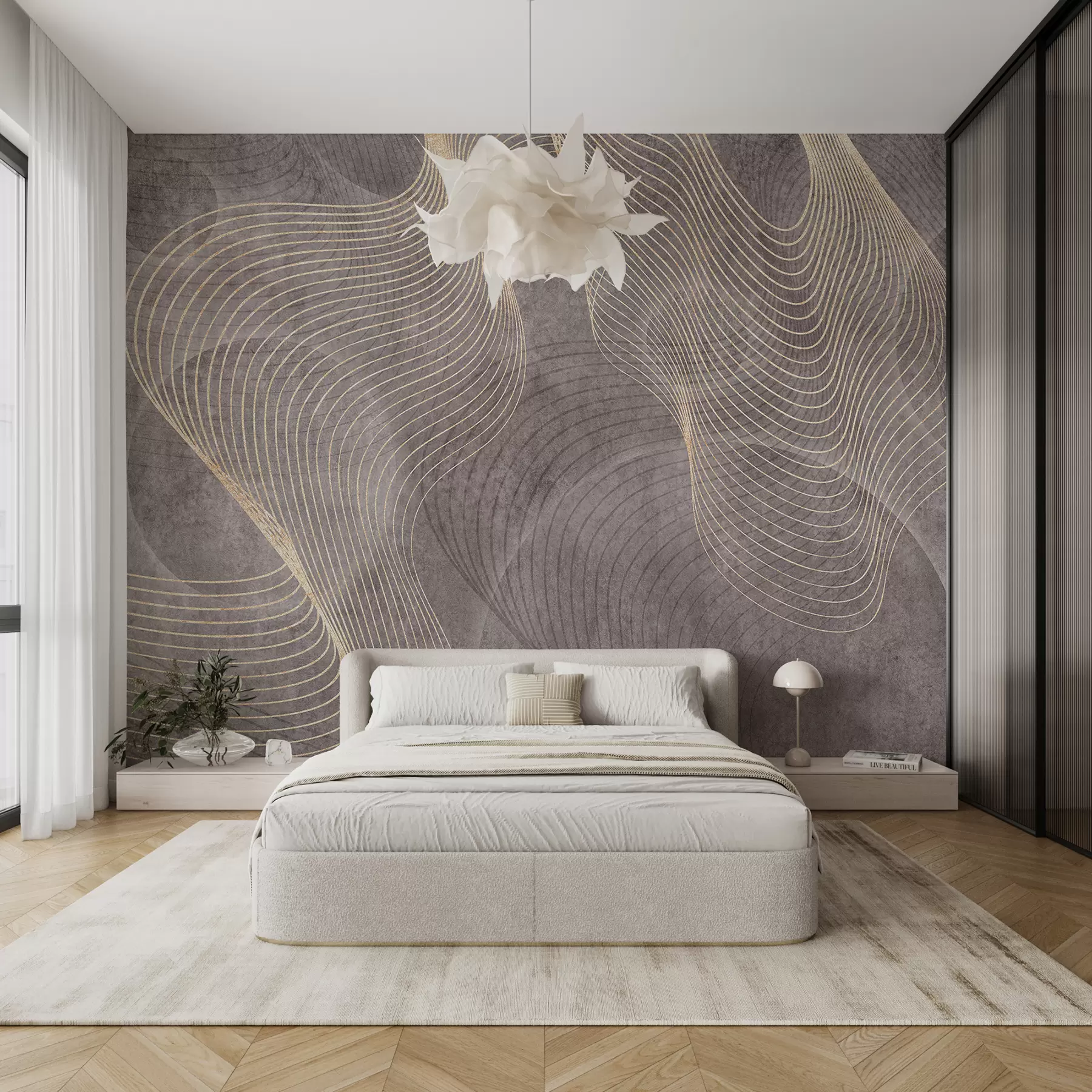 murales de pared Líneas onduladas en colores arena y beige u97469