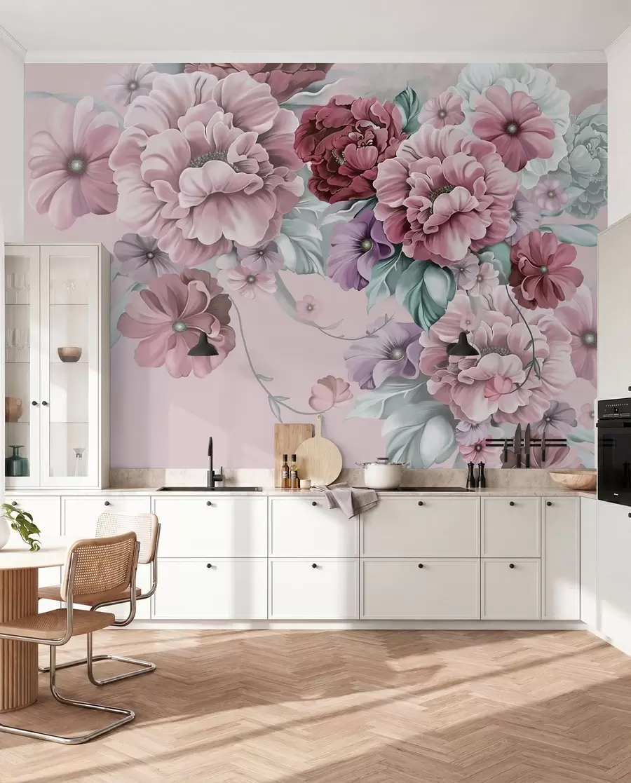 murales de pared Delicadas flores azules en tonos rosados u59900v1