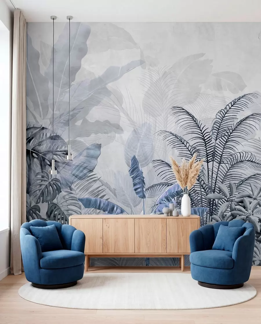 murales de pared Palmeras de color gris en colores azules u71284v1
