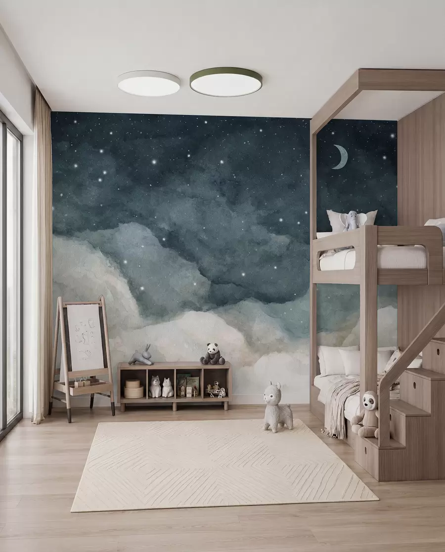 murales de pared Acuarela de cielo nocturno con luna creciente y estrellas brillantes en tonos azules u96076v2