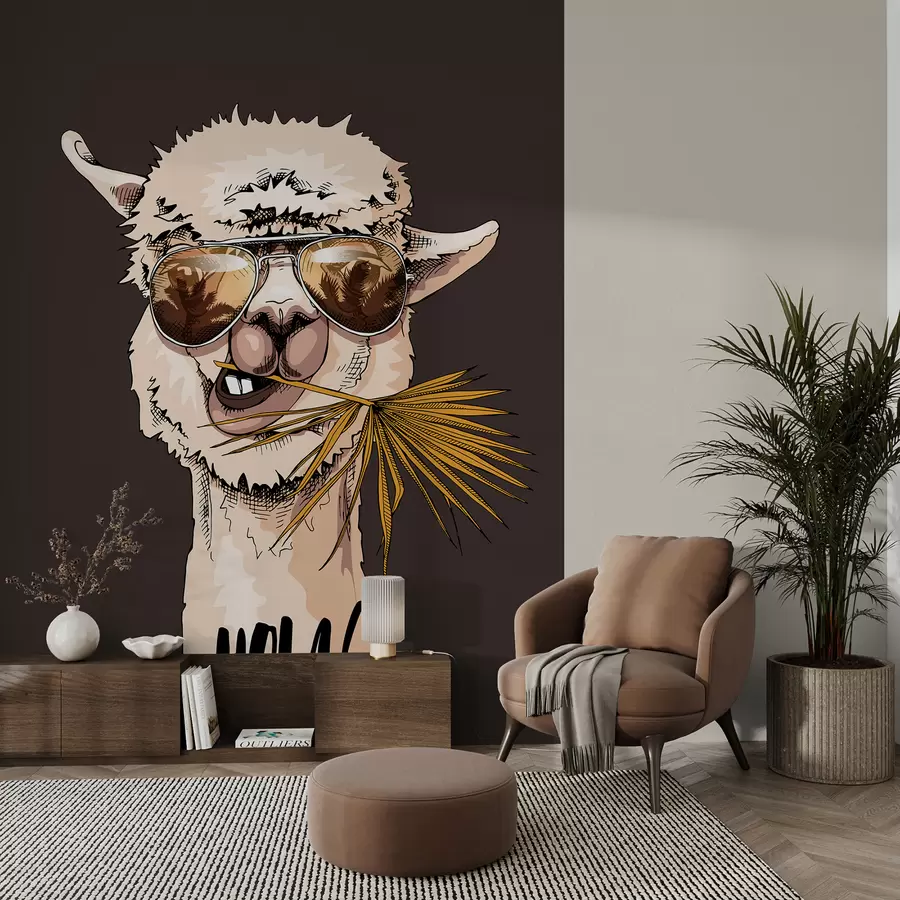 murales de pared Retrato de un lama con gafas de sol y una hoja de palmera en abanico u98177v2