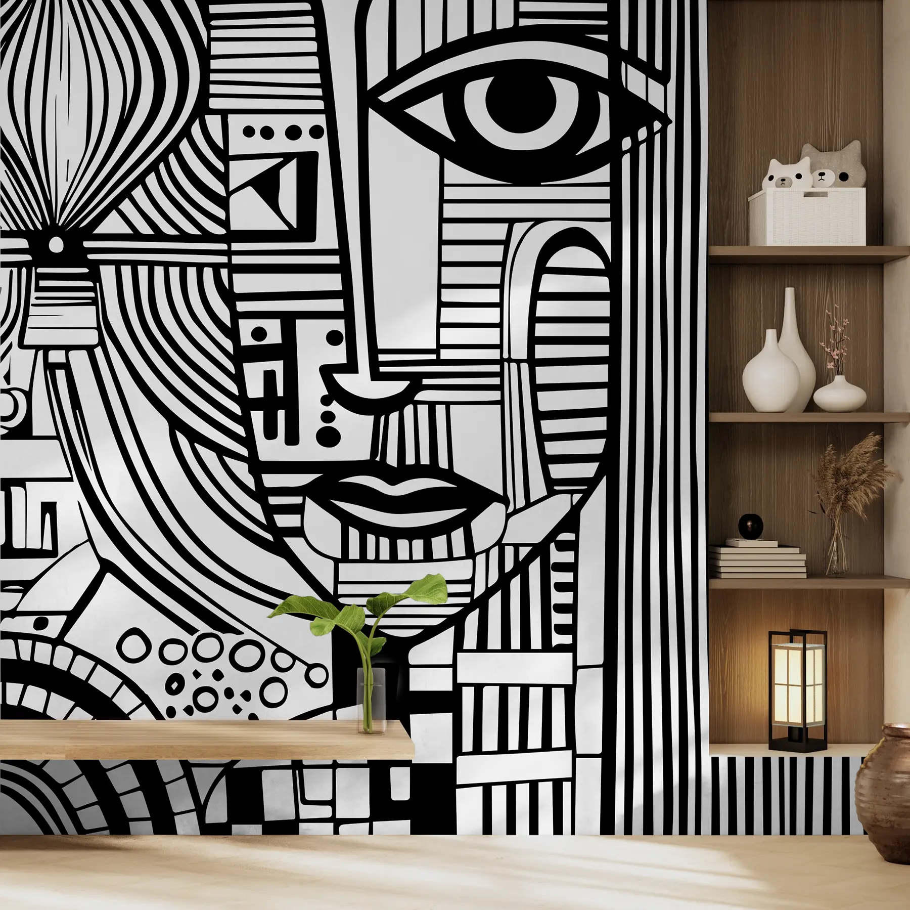 murales de pared Rostro abstracto en blanco y negro u98714