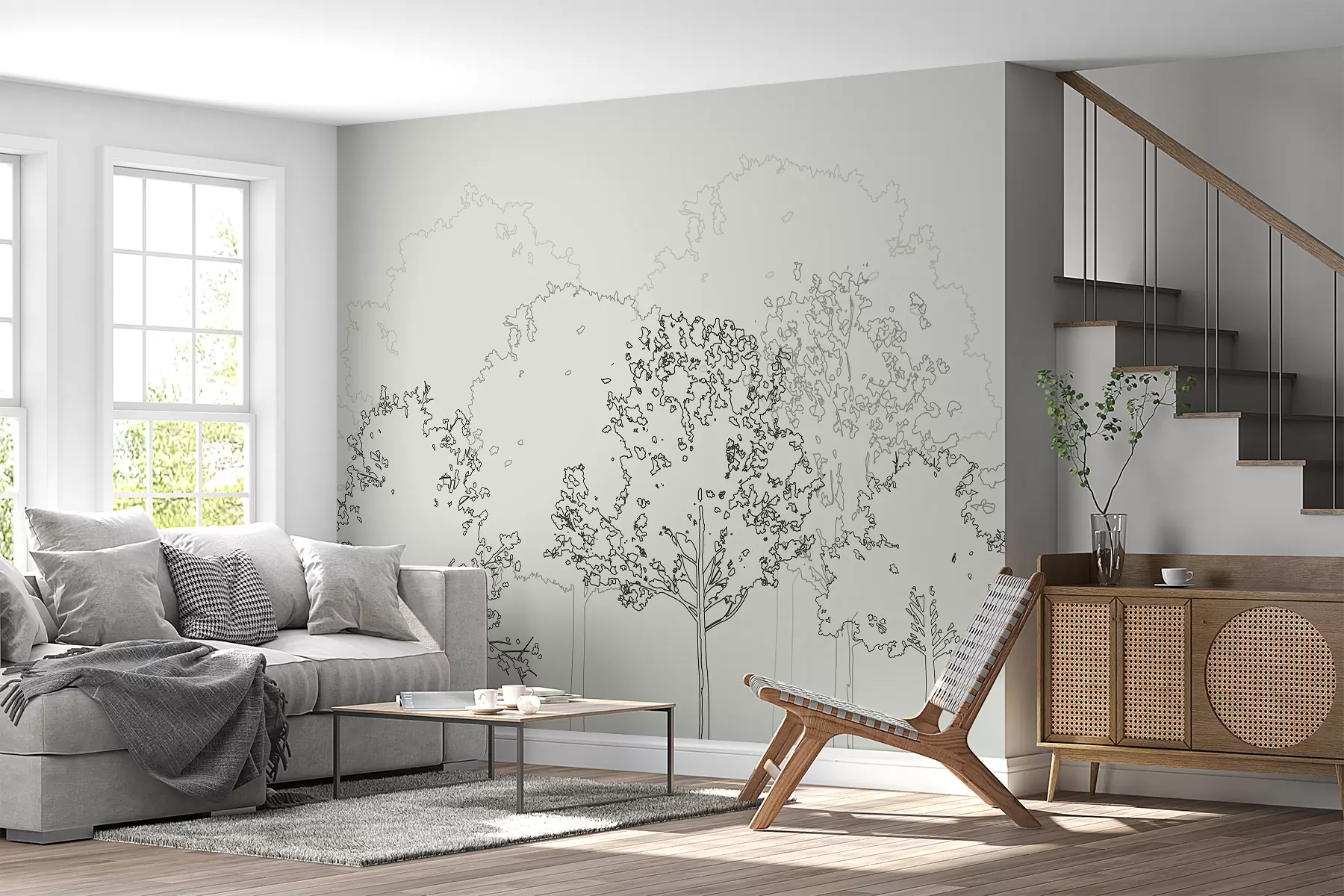 murales de pared Diseño minimalista con contorno de árboles, paisaje forestal, color verde suave u98846