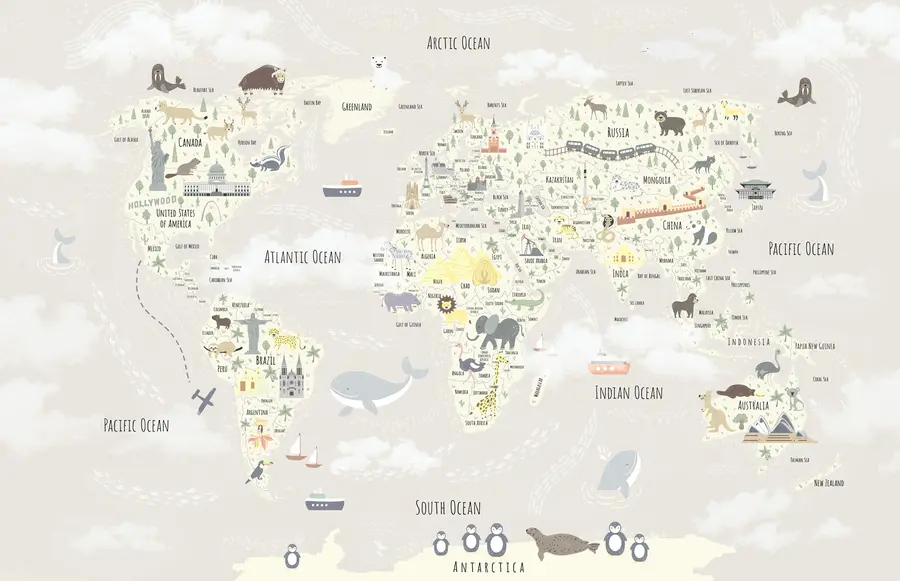 murales de pared Mapamundi infantil con animales y puntos de referencia u96587v1