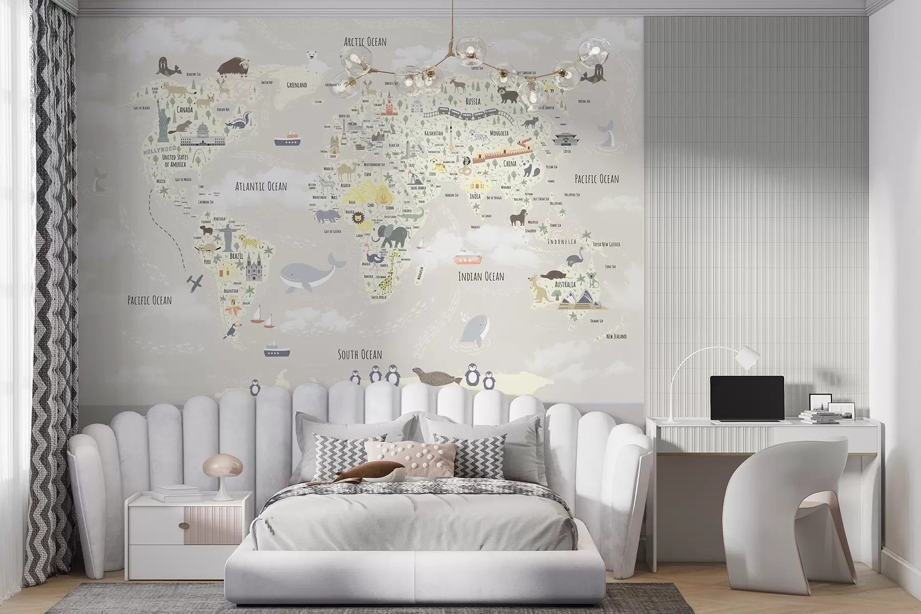 murales de pared Mapamundi infantil con animales y puntos de referencia u96587v1