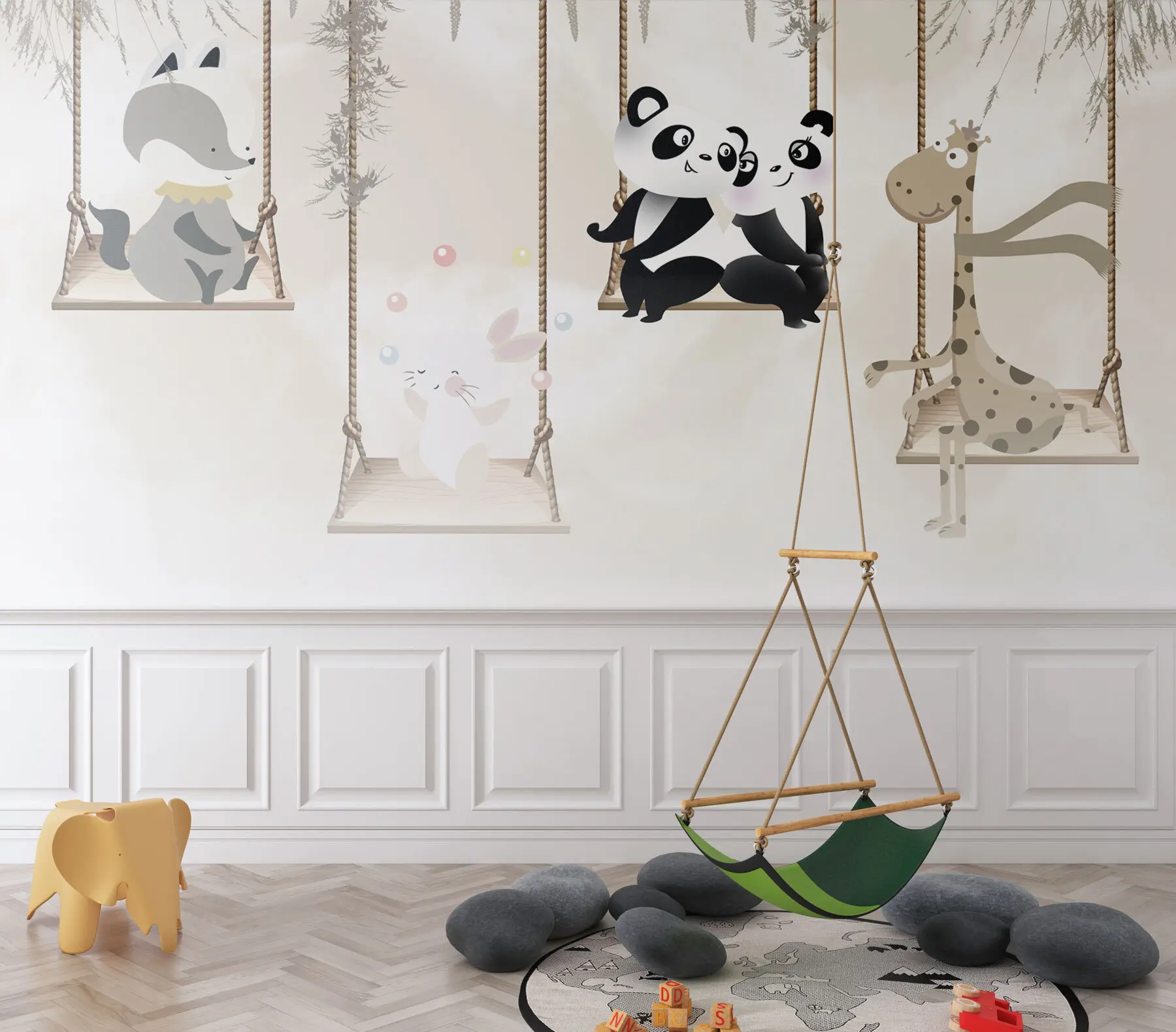 murales de pared Diseño de papel pintado para habitación infantil con jirafa, mapache, liebre y pandas en los columpios u98972