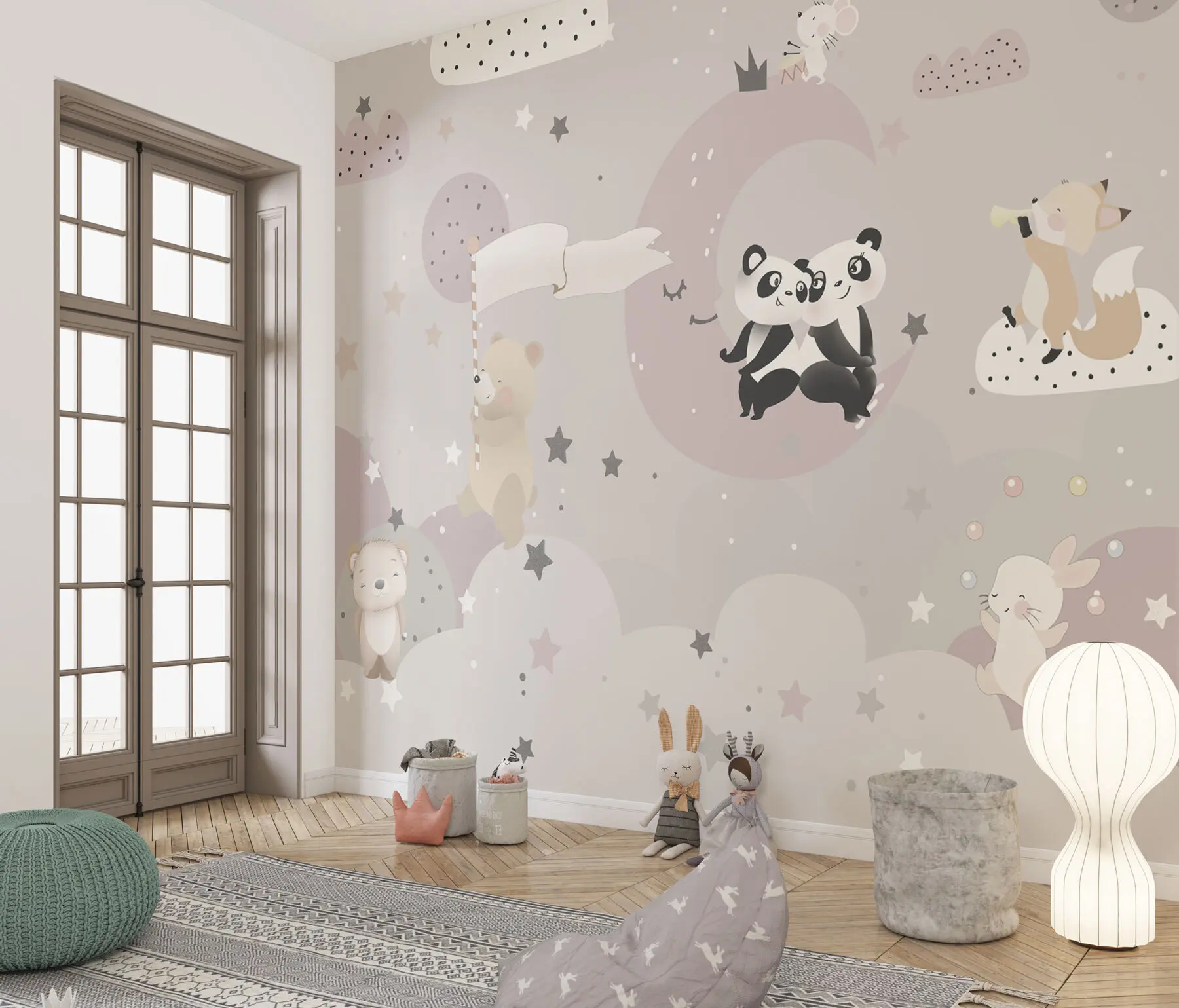 murales de pared Diseño de papel pintado para habitación infantil con simpáticos animales sobre nubes u98973